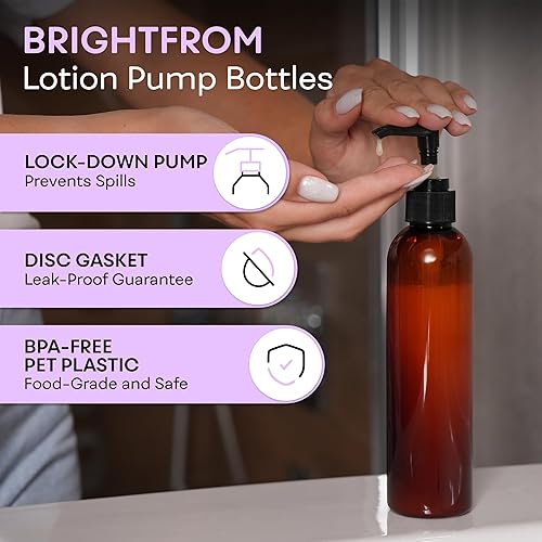 Miniatura 2 de BRIGHTFROM Botellas con bomba de loción, envases de plástico recargables vacíos de 8 onzas, sin BPA, ámbar con dispensador negro para jabón, champú,