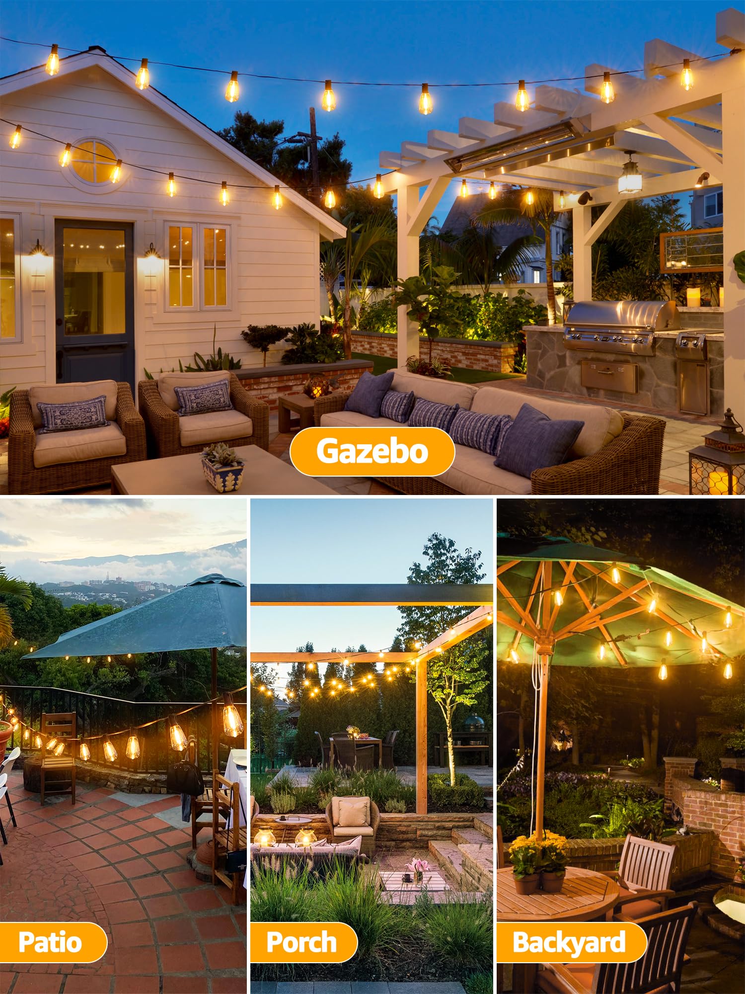 Guirlande lumineuse d'extérieur à intensité variable avec télécommande, 30,5 m avec 2 minuteries et 3 modes, lumières de terrasse étanches et incassables, 2 200 K, 3 ampoules de rechange pour patio et