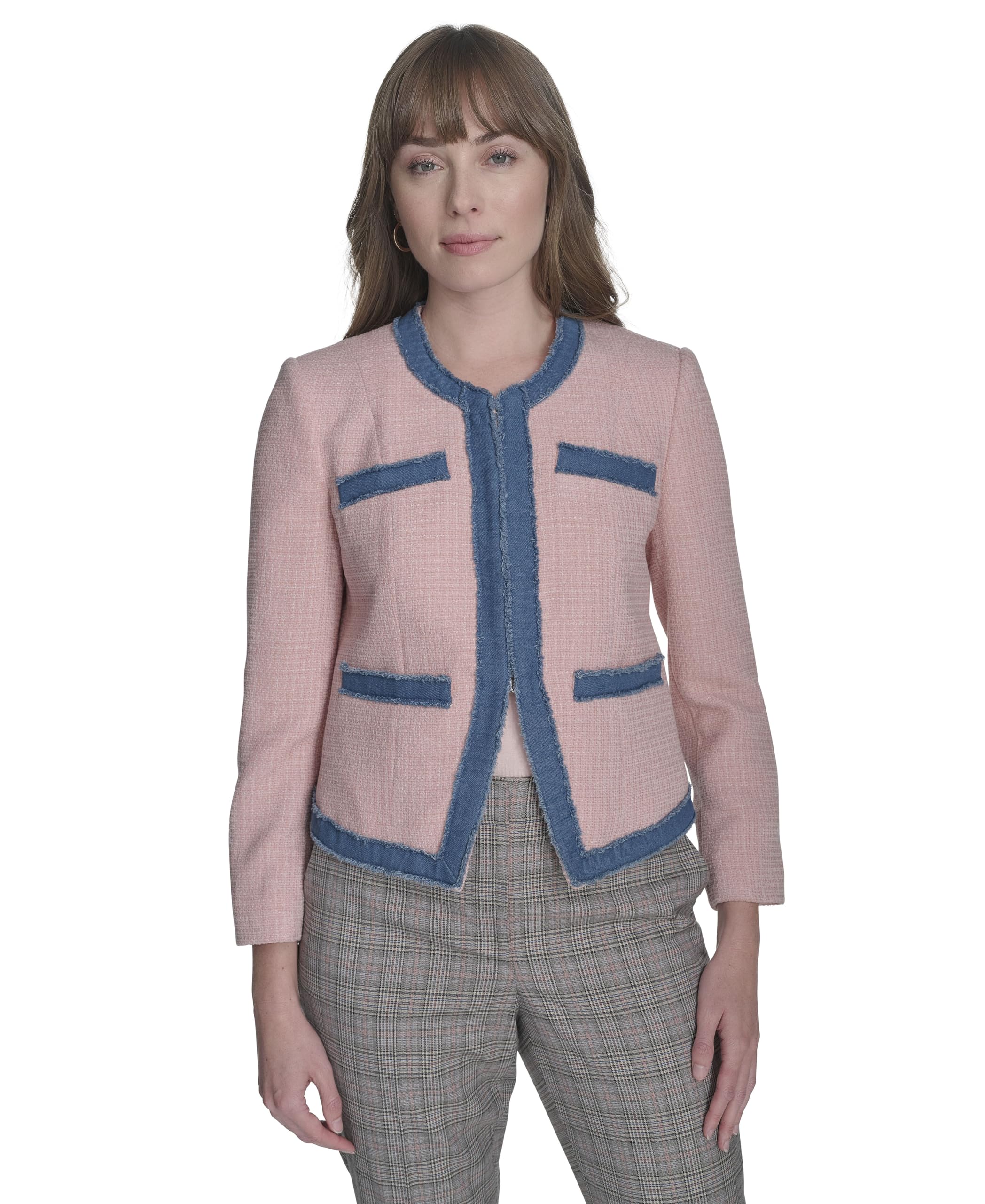 Tommy Hilfiger Womens Collarless Denim Drimmed Open Front Jacket
