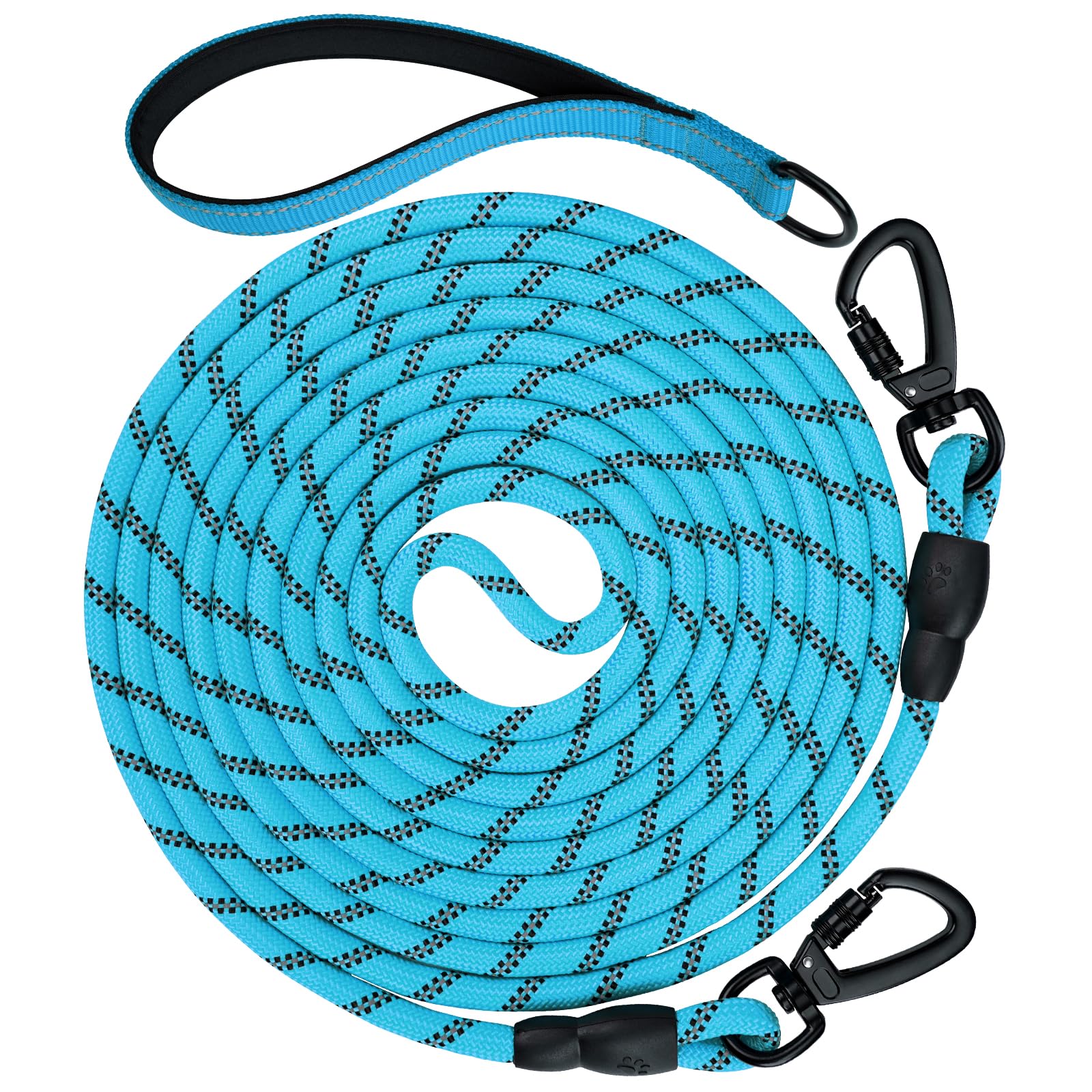 Aiyuda 30ft Long Dog Leash | Neoprene Padded Handle | Lockable Heavy Duty Clip | Handle Removable for Temporary Tie Out | Dog Training,Hiking,Camping,Playing Outside or in Yard | Blue, 3/8" Thick