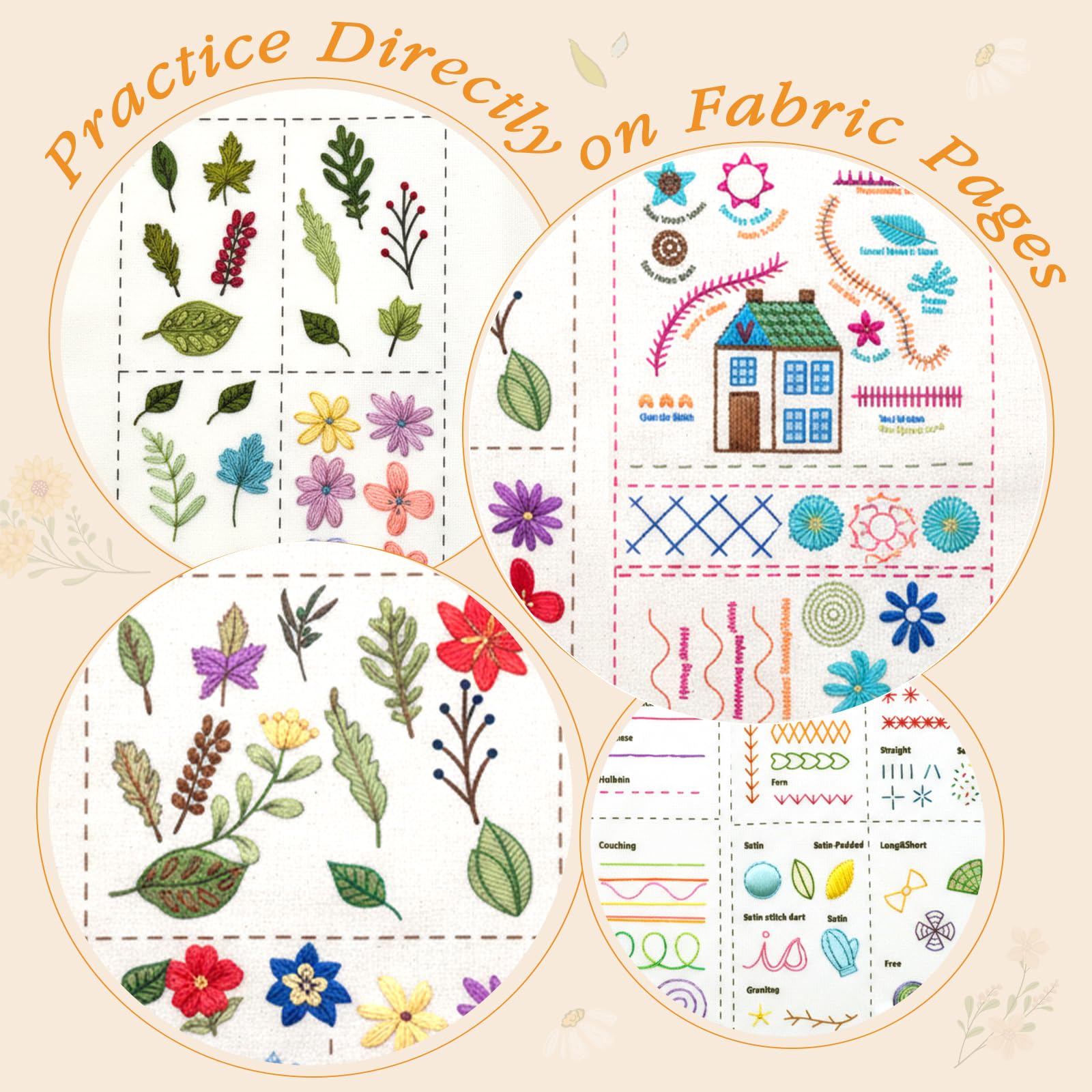 Komforbaa Kit da Ricamo Aggiornato per Principianti, Libro di Punto senza Limiti con Motivi Essenziali, Cerchio da 16cm, Filo a 24 Colori, Strumenti Completi, Tutto in Uno Portatile per Adulti e