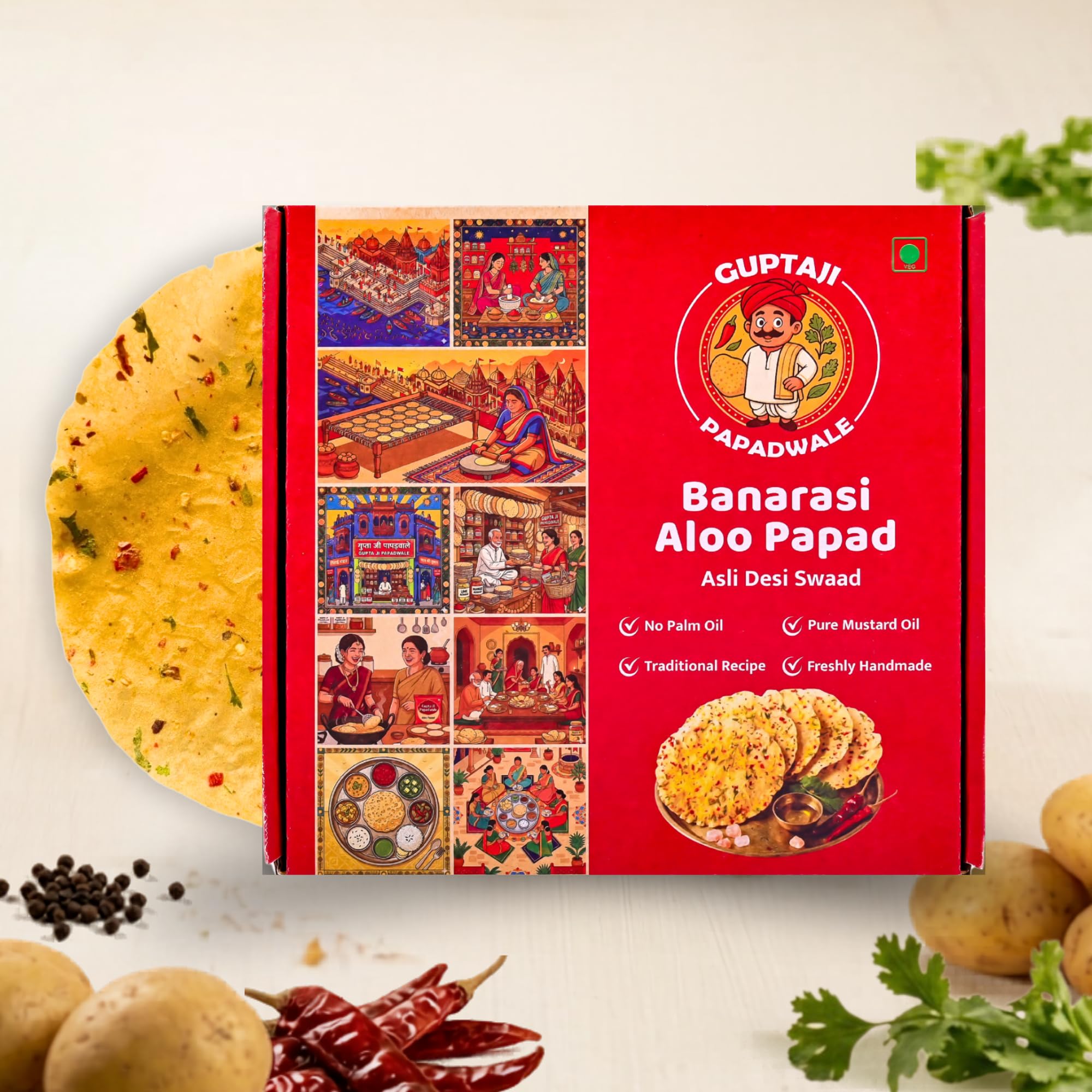 GuptajiPapadWale Banarasi Red Chilli & Dhaniya Aloo Papad l Handmade Spicy Potato Papad l Traditional U.P. Style l Crispy & Crunchy Snack l 400g-image-23