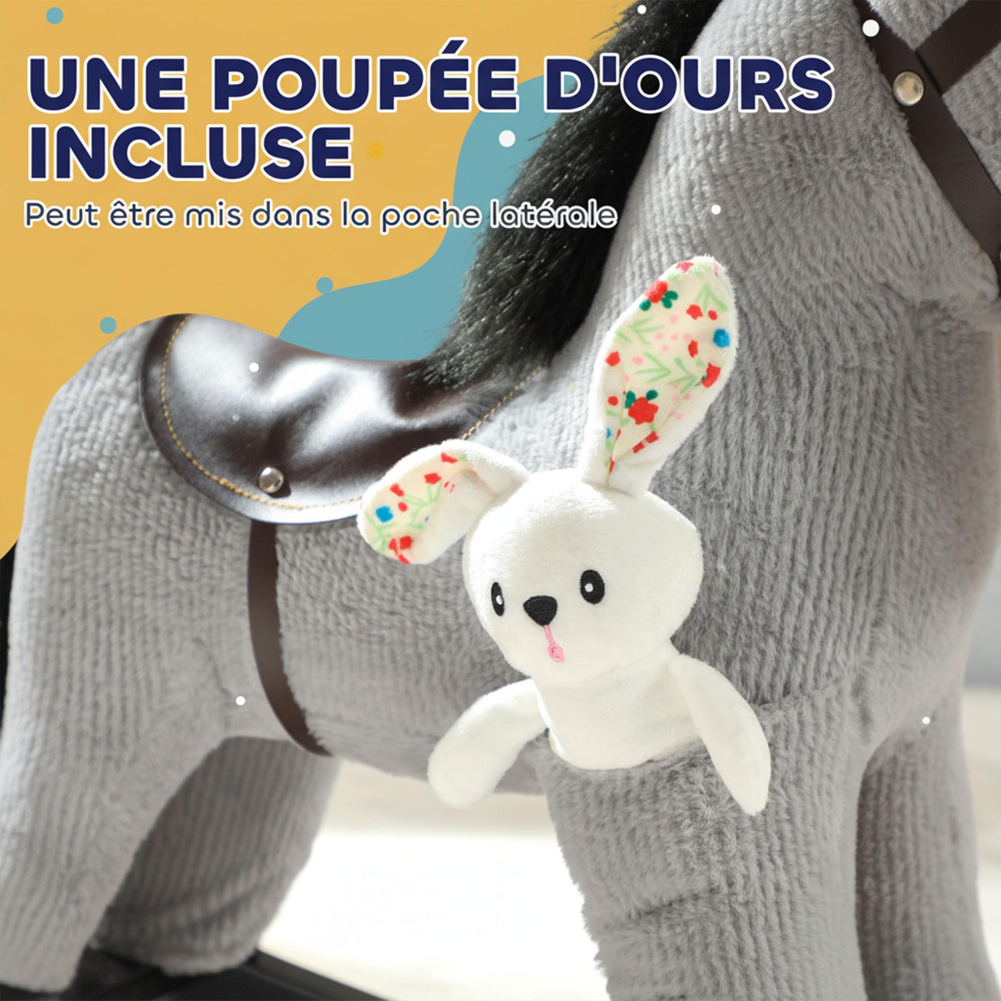 AIYAPLAY - Caballo mecedor para niños con efecto de sonido, juguete para bebé de peluche, muñeca y asa, regalo para niñas y niños de 2 a 5 años, color gris