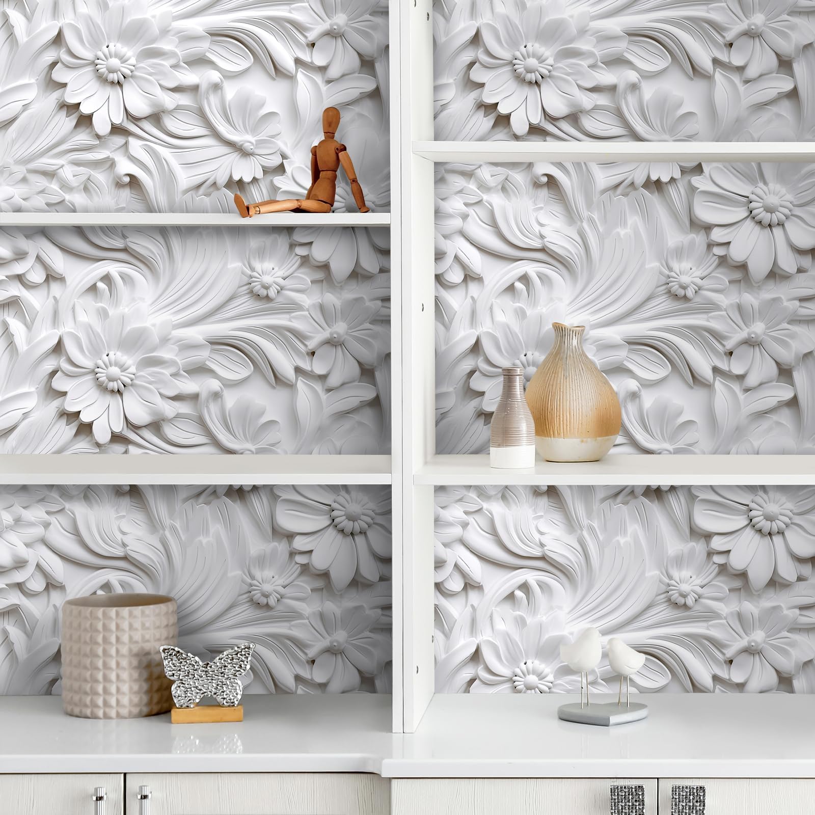 LaCheery Biała samoprzylepna tapeta kwiatowa, efekt 3D, tapeta ścienna, kwiaty, do salonu, 44,5 cm x 700 cm, tapeta z białym wzorem, winylowa, folia samoprzylepna do mebli, kwiatowa tapeta ścienna