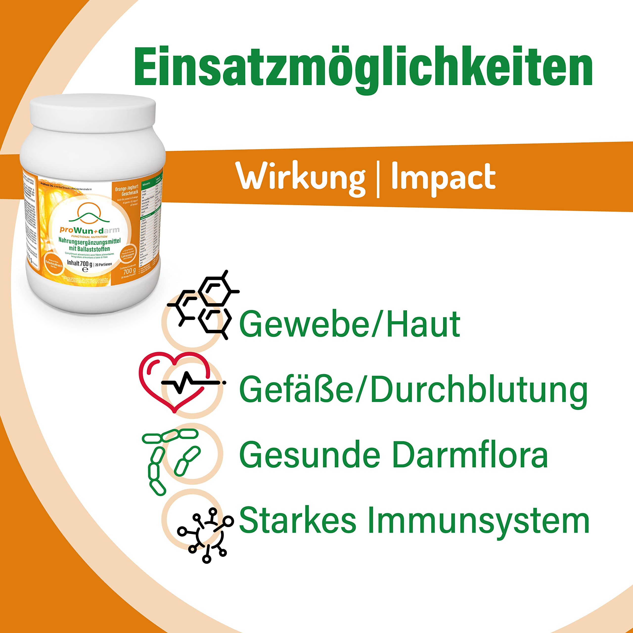 proWun+darm 700g, Nahrungsergänzungsmittel mit Ballaststoffen, Haferfaser, L-Arginin, L-Glutamin, Vitamine A+B+C+D+E, Magnesium, Selen, Zink, laktosefrei, Orange-Joghurt-Geschmack, Dose mit Pulver, 20 Portionen (1 Dose, 700g Pulver)