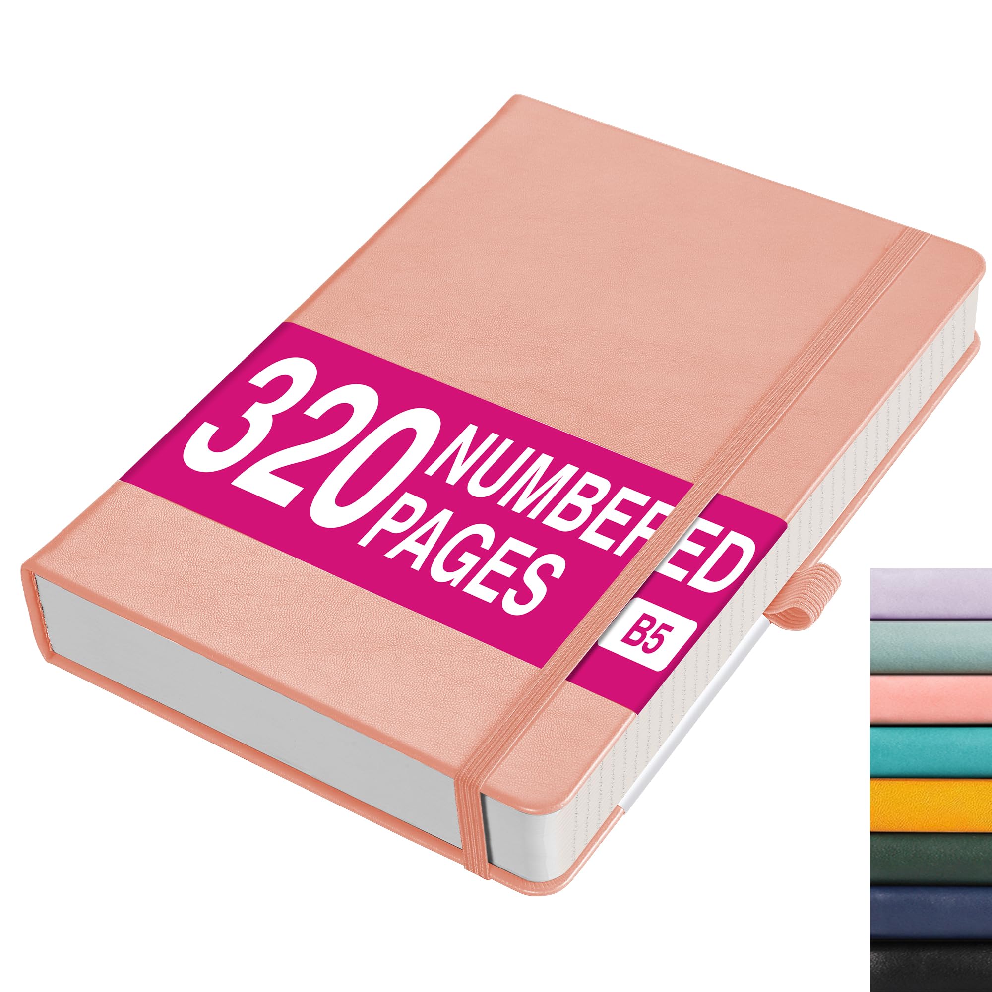 RETTACY Lined Journal Notebook - B5 Note Book Hardcover Thick Notepad 320 Numbered Pages for Writing,100gsm Lined Paper, Leather Hardback, for Women Men Work Office School,19.3 x 25.4cm -Pink