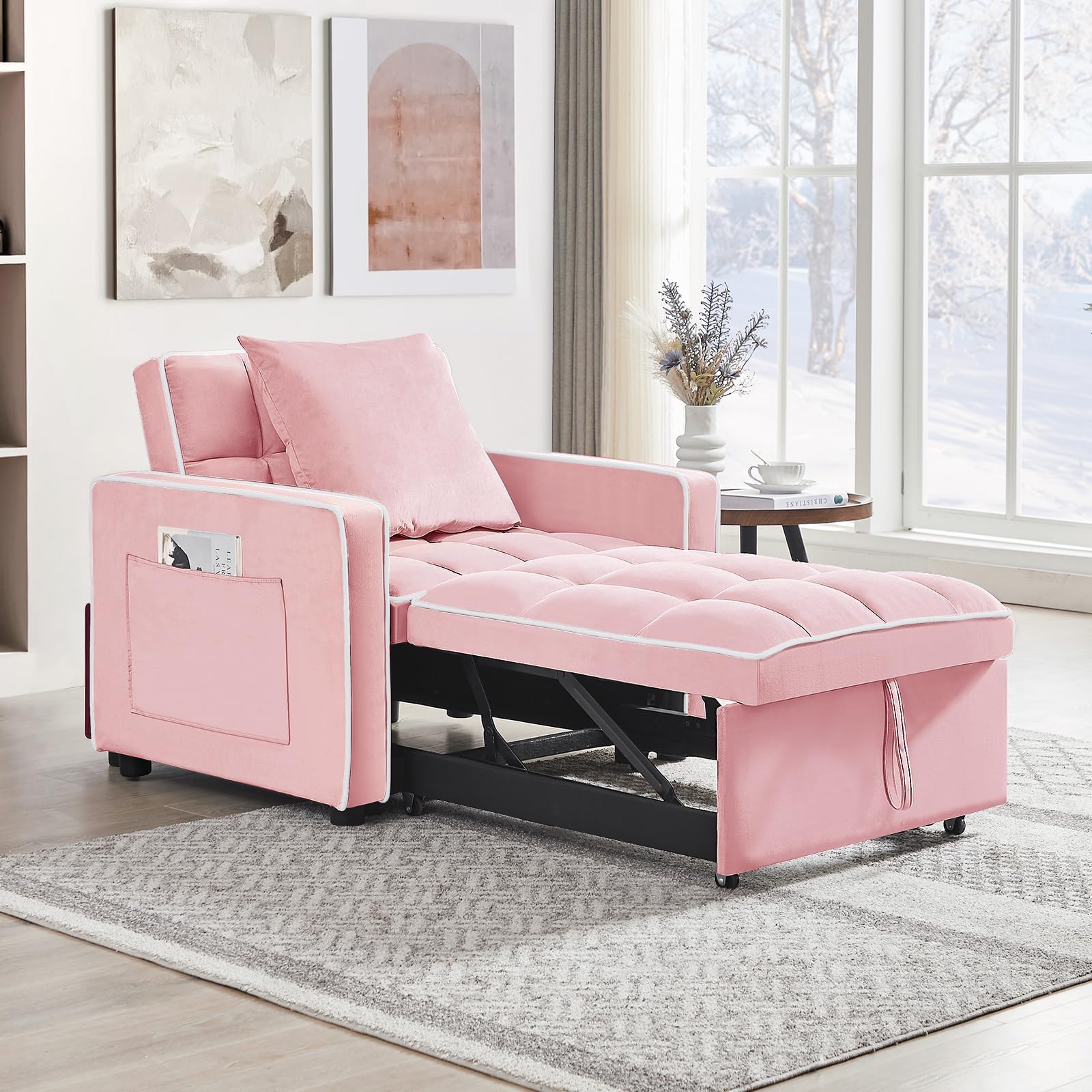 KINFFICT Sleeper Sofa Chair Bed, Convertible 3-in-1 Sofa Armchair, Adjustable Pullout Sleeper Bed, Single Lounger Futon with Side Pockets for Living Room