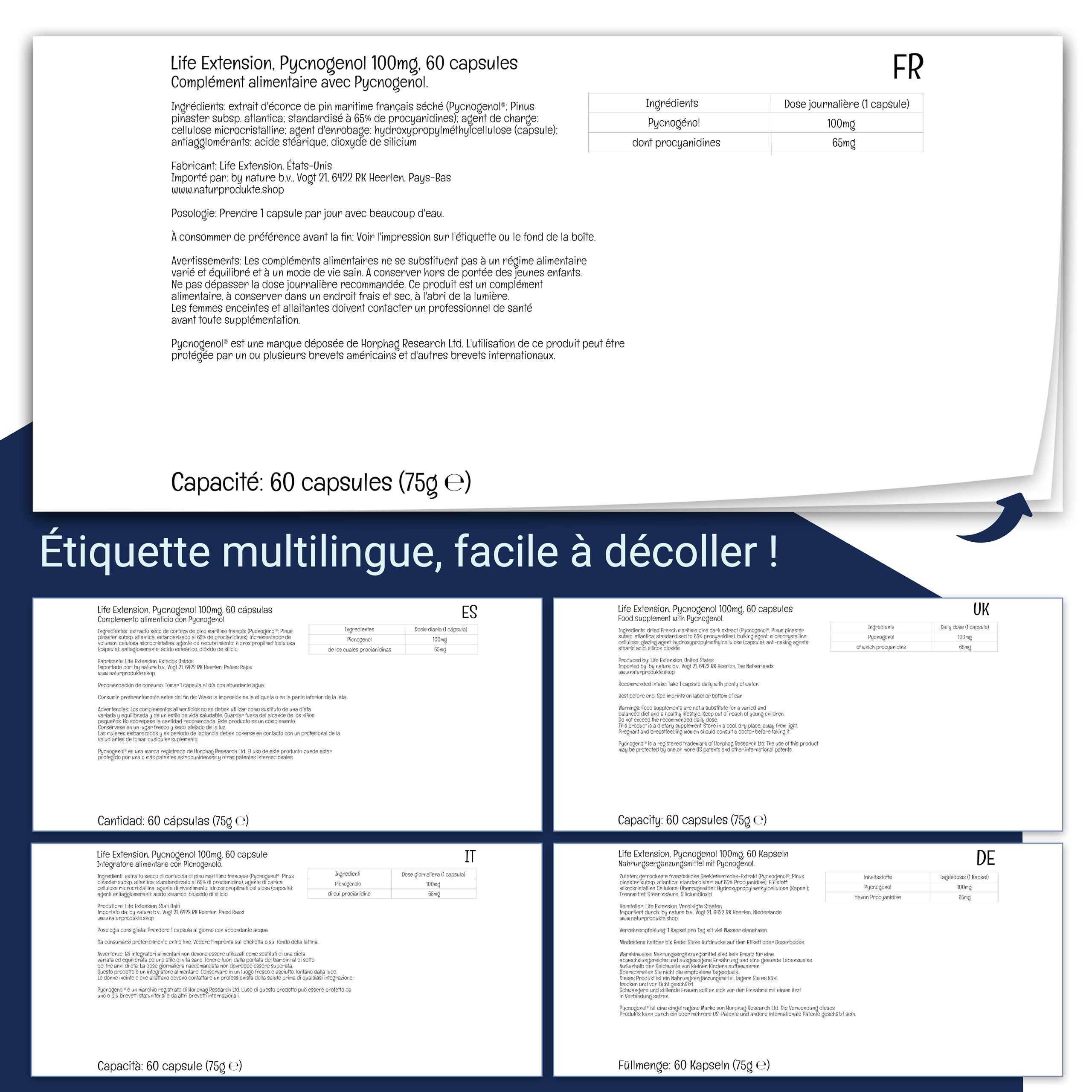 Life Extension, Pycnogenol, Extrait d'Écorce de Pin, 100mg, 60 Capsules végétaliennes, Sans Gluten, Végétarien, Sans Soja, Sans OGM