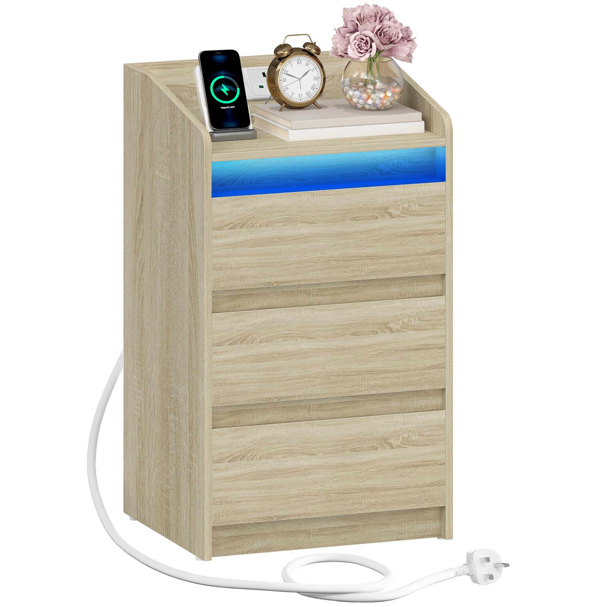 Hzuaneri Bedside Table with 3 Drawers, Bedside Cabinet, Side Table with Charging Station and LED, 2 AC and 2 USB Ports, Nightstand for Bedroom, Living Room, End tables, White Oak NS40016XUK