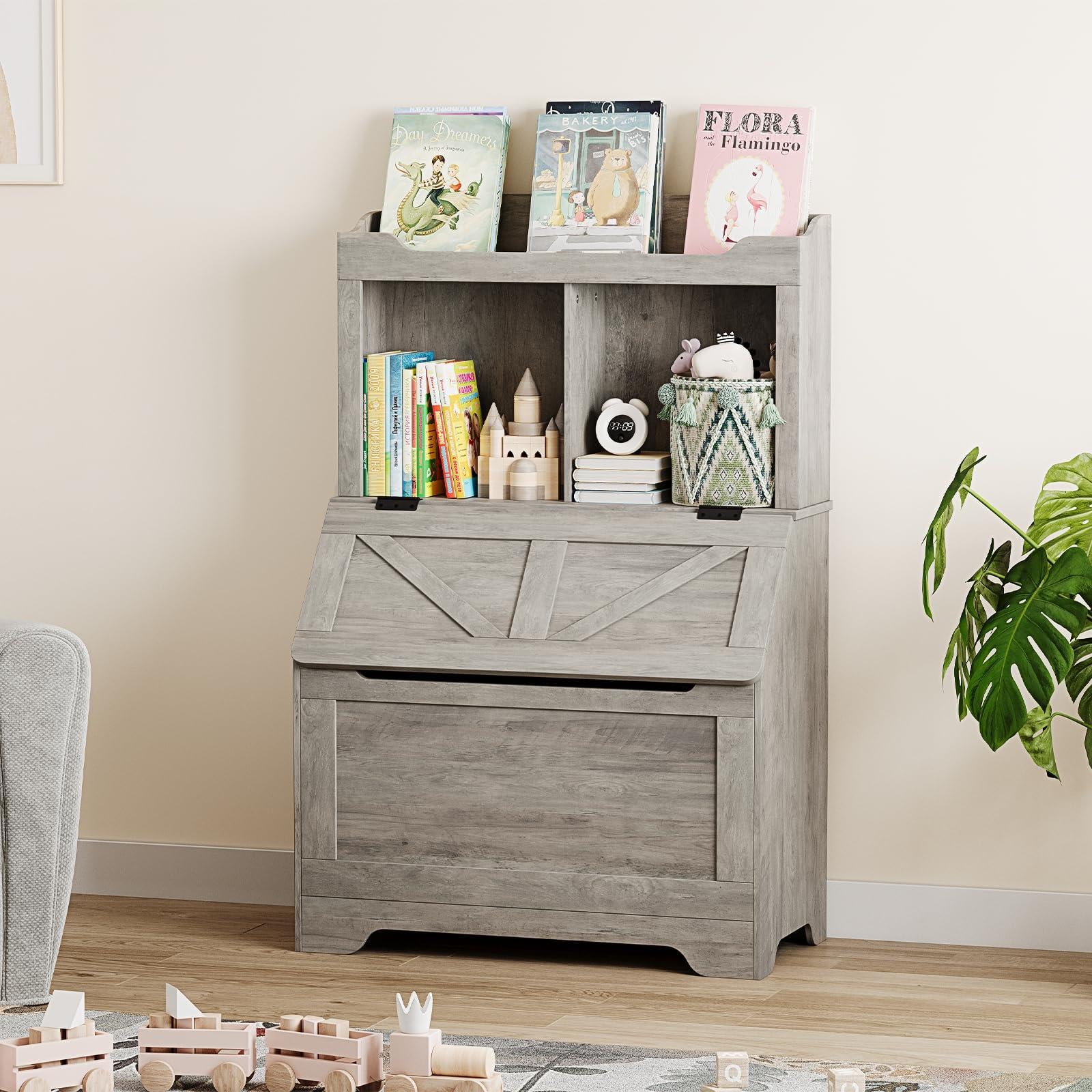 Spacious 3-tier Wooden Kids Bookcase and Toy Storage Organizer with Flip-Top Lid, Versatile Design for Playroom, Bedroom, Nursery, and Kindergarten - Child-Friendly Toy Chest Organizer