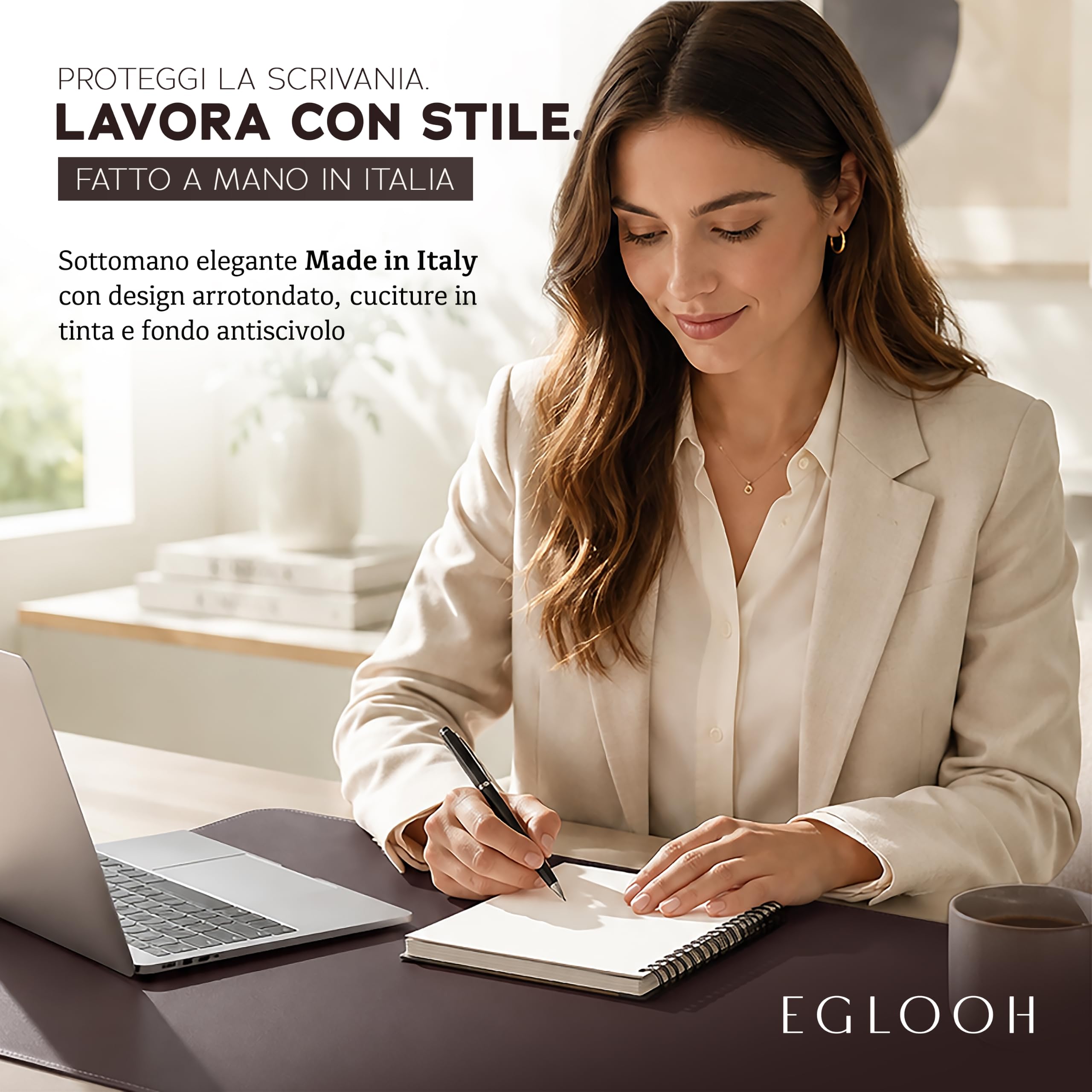 Eglooh – Herms – Sottomano Scrivania Pelle Design Arrotondato – Desk Pad Ufficio Elegante Antiscivolo in Cuoio – Accessori Ufficio Lusso Made in Italy