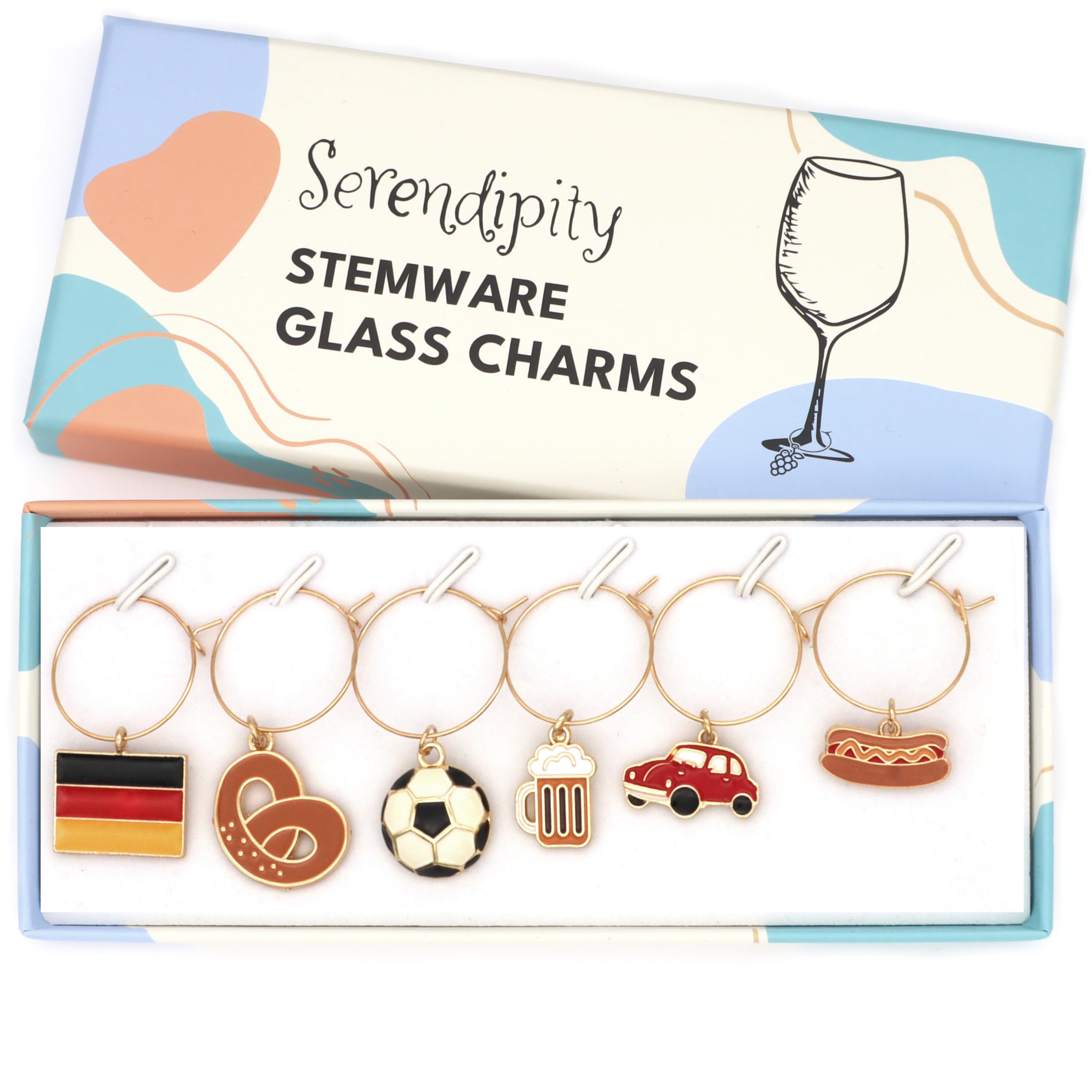 Serendipity Germany Wine Glass Charms, Gift for Germans, German Inspired Glass Identifiers, Set Include 6 charms: Flag of Germany, Beer Mug, Pretzel, Car, Soccer Ball and Sausage