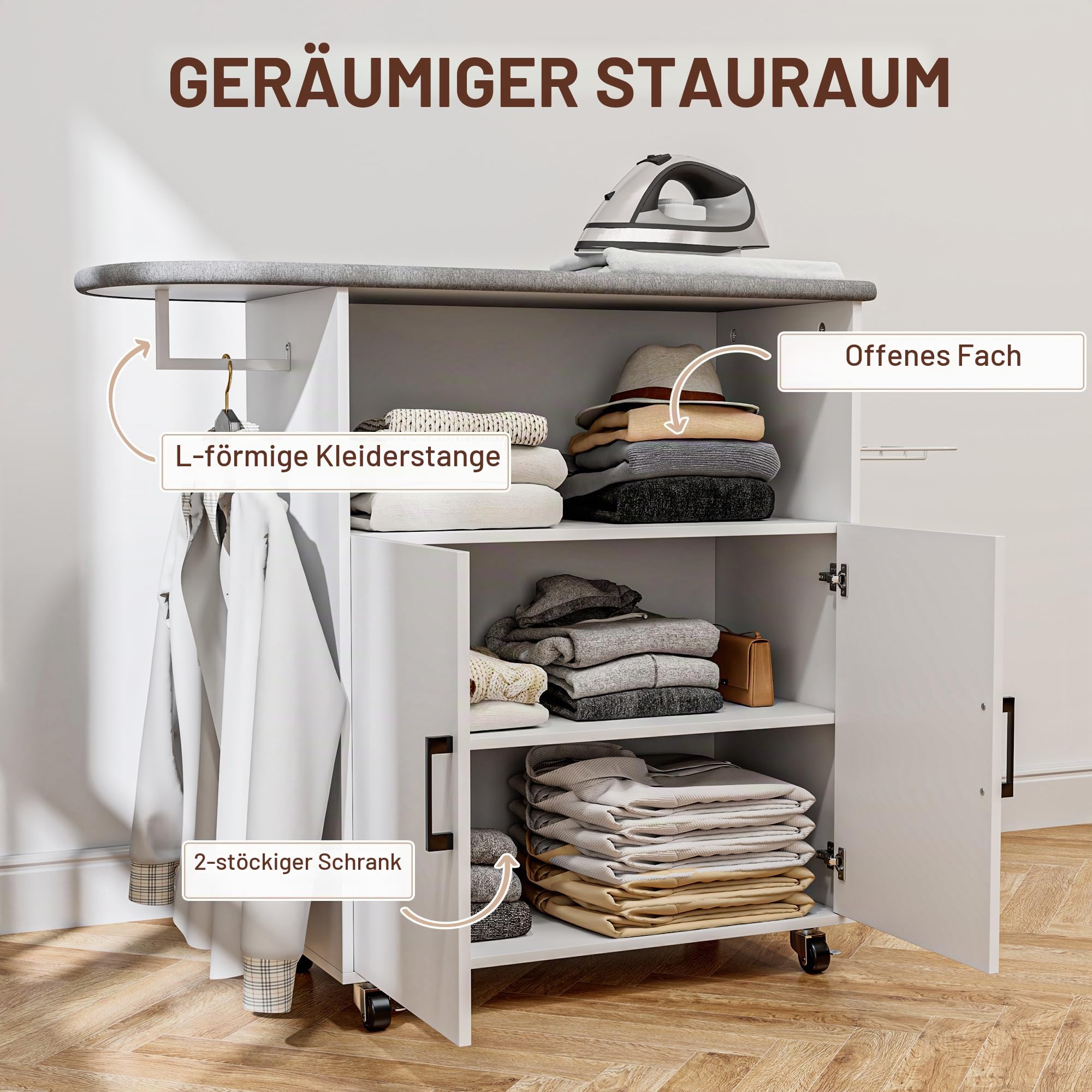 HOMCOM Bügelschrank auf Rädern Bügelbrett mit Hängebügel Offene Ablage und Bügelbrett 125x43,5x102,5 cm Weiß