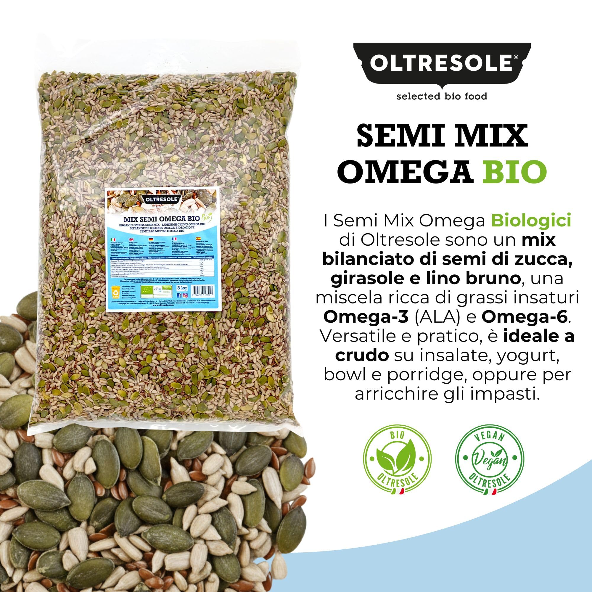 Oltresole, Organic Omega Seed Mix 3 kg (Pumpkin, Sunflower and Flax Seed Mix), Mélange de 3 graines grasses crues et entières, riches en protéines, fibres et oméga-3, idéal pour les salades