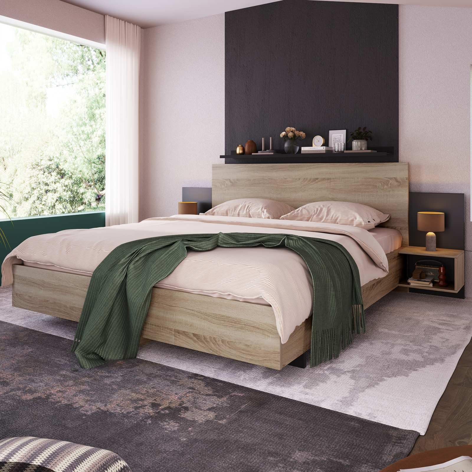 KOMHTOM Lit Double avec 2 Tables de Nuit,Moderne Table de Chevet en Une pièce lit en Bois avecSommier à Lattes, Cadre de Lit Plateforme pour Adultes, Adolescents(sans Matelas) (160 x 200cm)