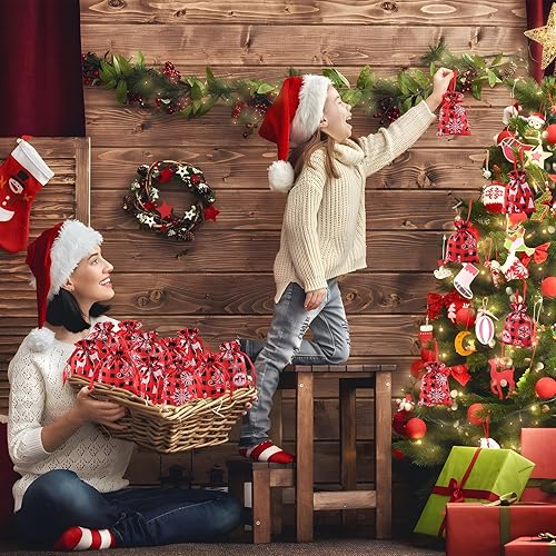 Miniatura 7 de FUSHENMU 36 bolsas de Navidad a cuadros con cordón, bolsas de algodón a cuadros rojos y negros de Navidad con cordones para envoltura de caramelos,
