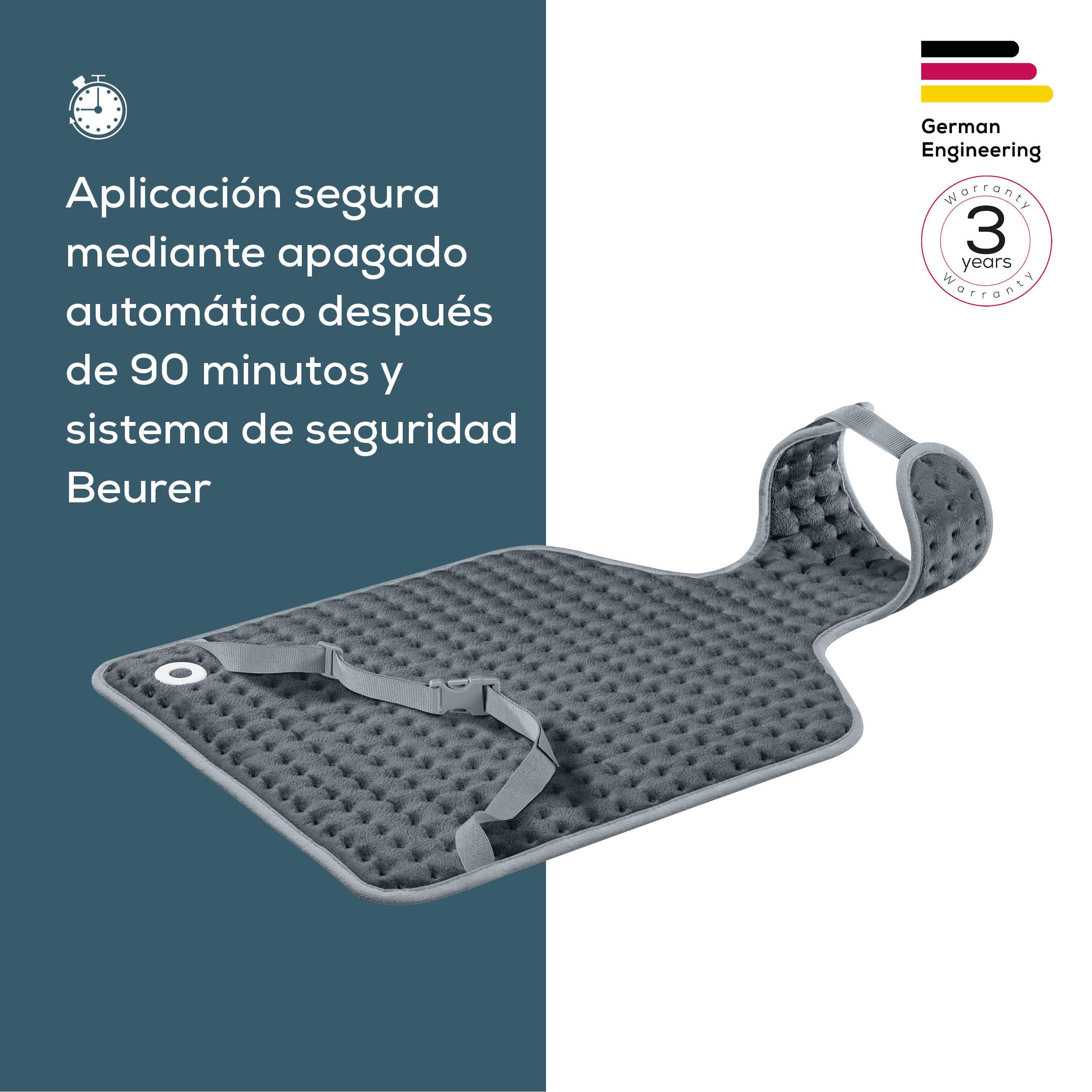 Beurer HK 64 Grey Almohadilla eléctrica, con rápido calentamiento y mecanismo de desconexión automática con forma anatómica, 3 niveles de temperatura, lavable, con cinturón abdominal