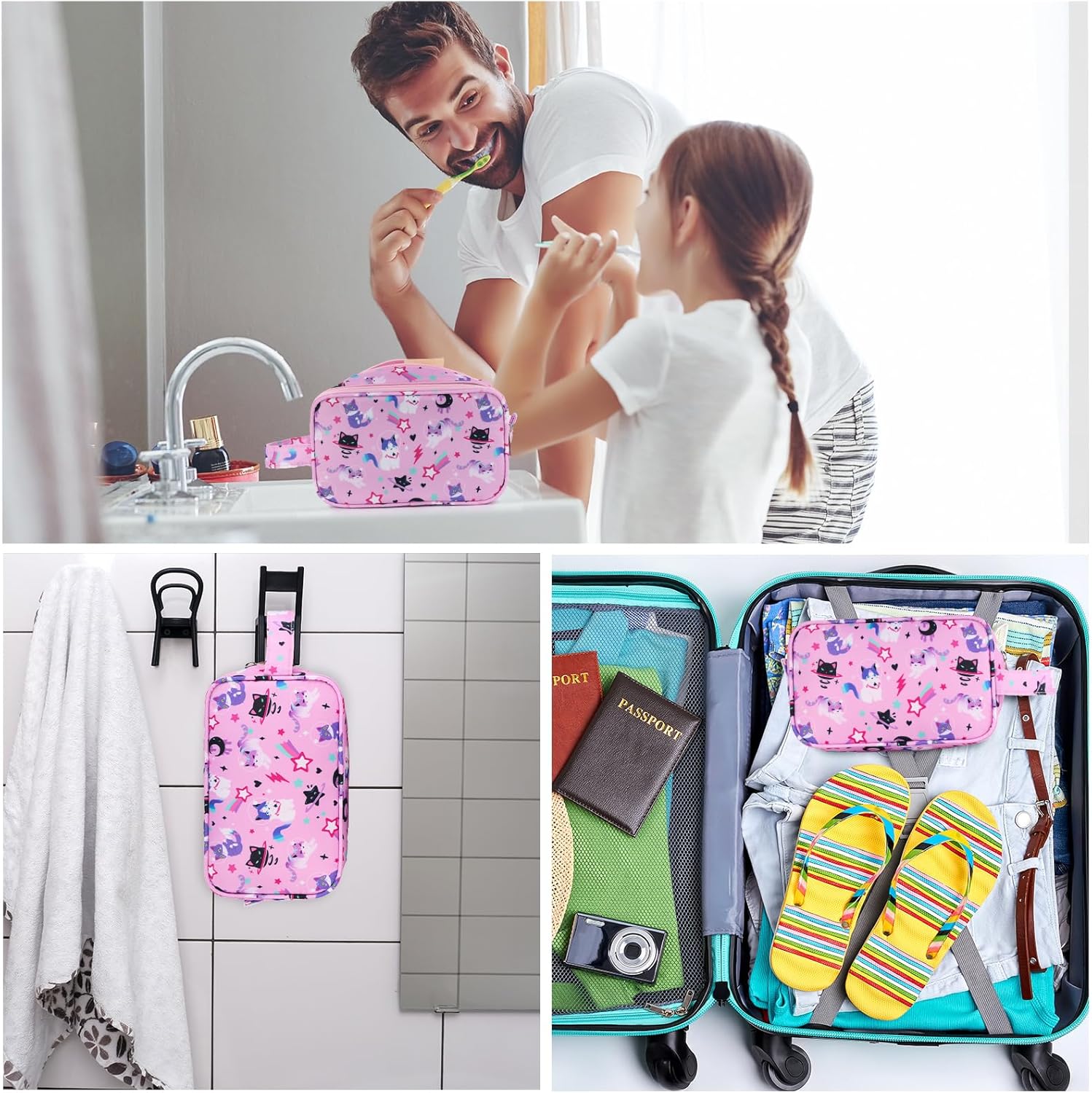 Kids Toiletry Bag for Girls, Travel Toiletry Bag for Little Young Girls Cosmetic Bag Makeup Bag Waterproof Hanging Wash Bag Toddler Toiletries, Cat Pink - Image 6