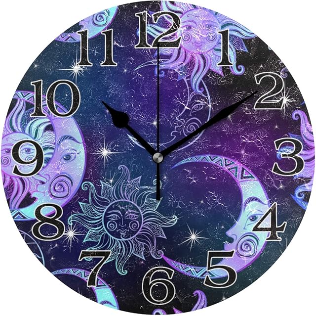 linomo Cute Sun Moon Star Wall Clock Decor, Silent Non Ticking Round Clock Quiet for Kitchen Living Room Bedroom Bathroom Office