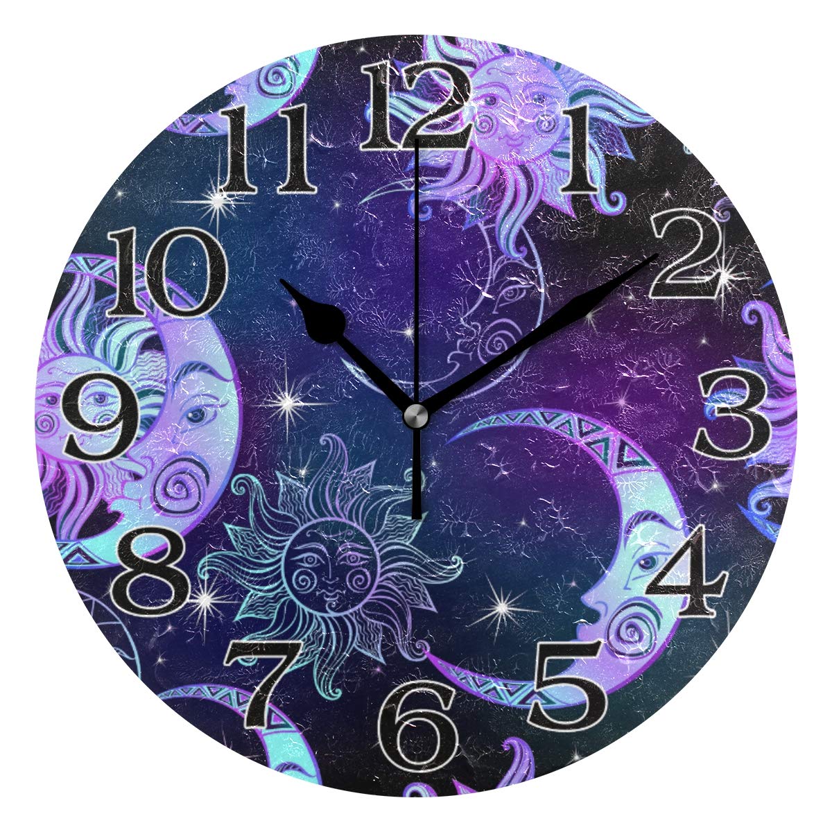 Linomo Multicolor Cute Sun Moon Star Wall Clock Decor, Silent Non Ticking Round Clock Quiet For Kitchen Living Room Bedroom Bathroom Office