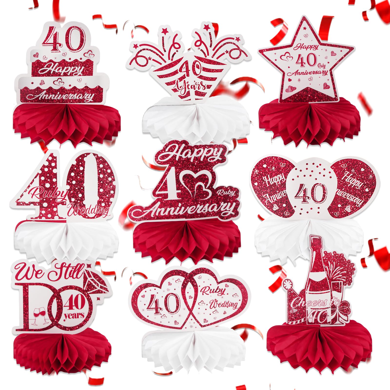 9Pcs Wedding Anniversary Decorations, Wedding Anniversary Honeycomb Centerpieces Table Toppers Cheers to Anniversary Decorations Romantic (Red-40th)