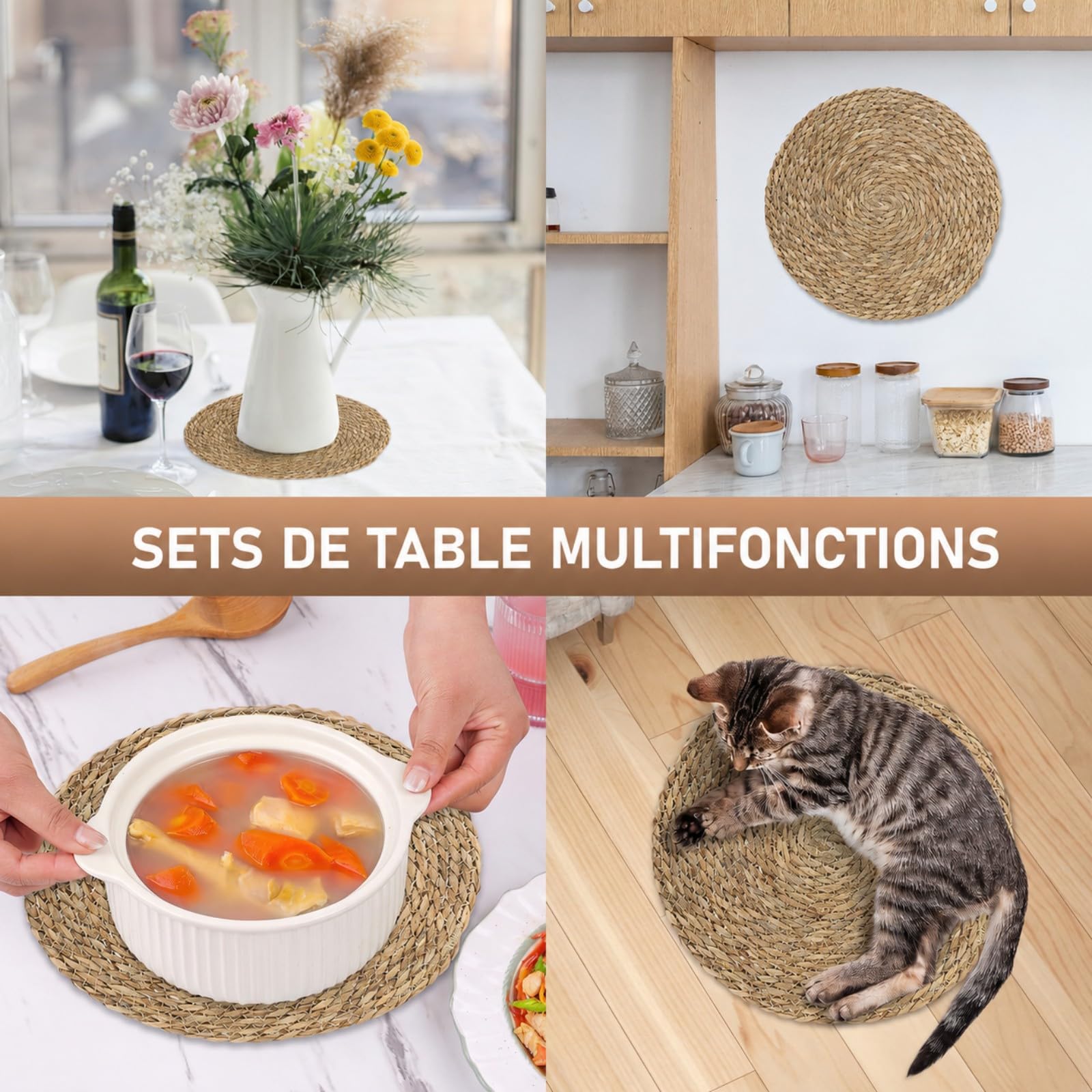 Lot de 10 Napperons Ronds Tissés en Jacinthe d'eau, 33cm - Set de Table Naturel Résistant à la Chaleur, Style Rattan pour Cuisine, Mariage, Fêtes et Décoration de Table