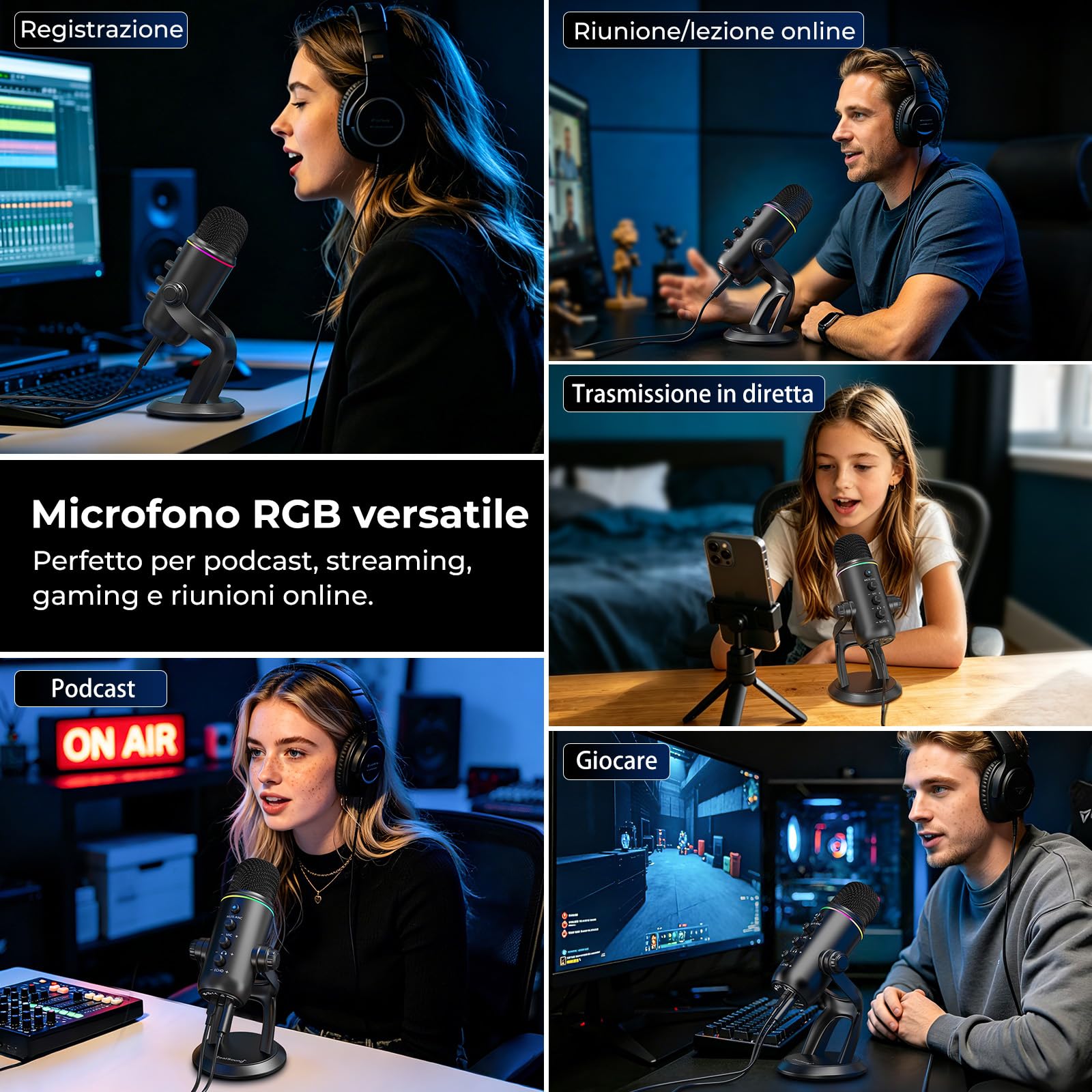 zealsound Microfono USB, microfono per podcast plug & play per PC e telefono, Z5 | con cancellazione del rumore, mute e guadagno, microfono a condensatore da tavolo per streaming, gaming e ASMR