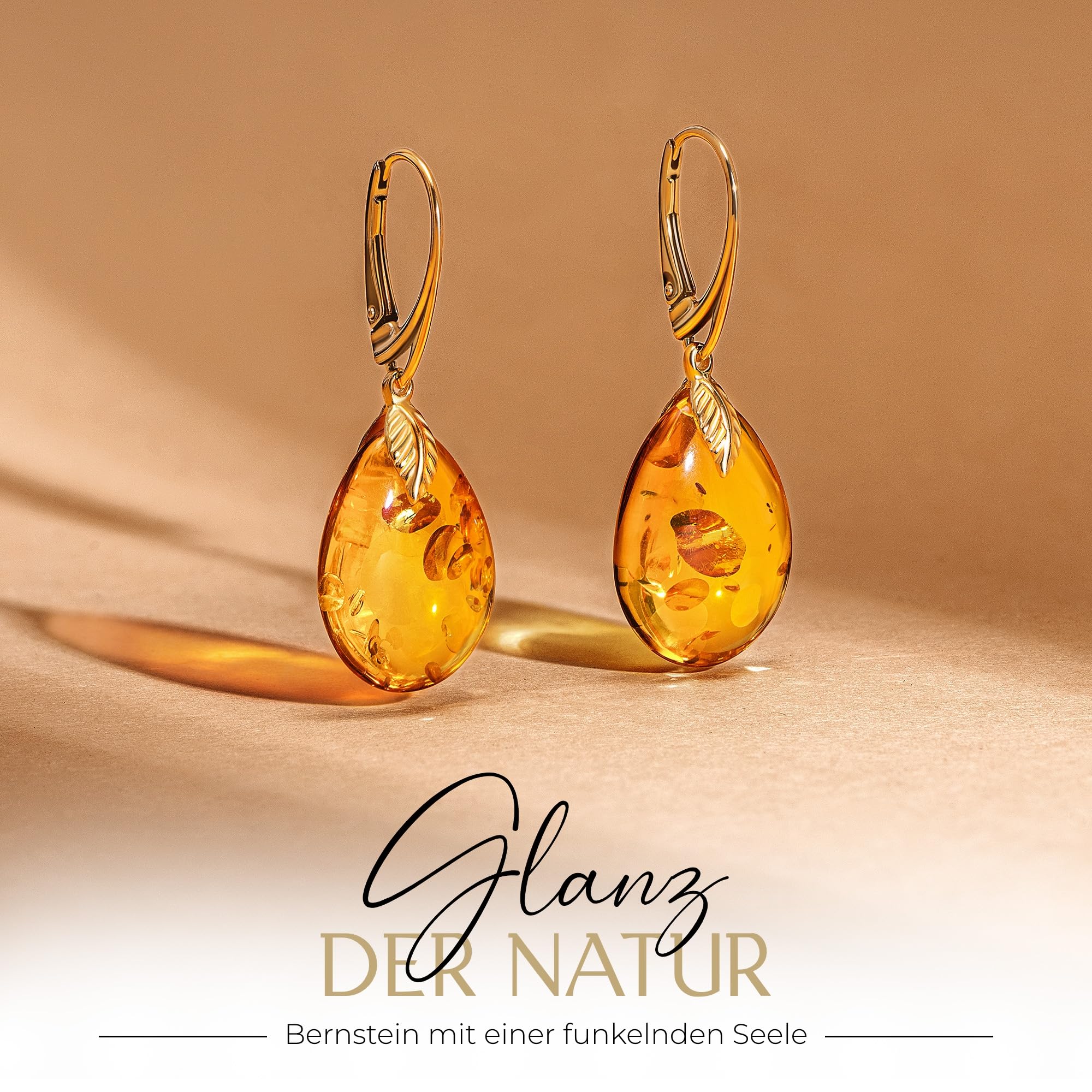 Bernstein Ohrringe - Eleganter Bernstein-Schmuck Hängend mit goldenem Fitting für Damen, Tropfenförmige Amber-Ohrringe, Damenschmuck
