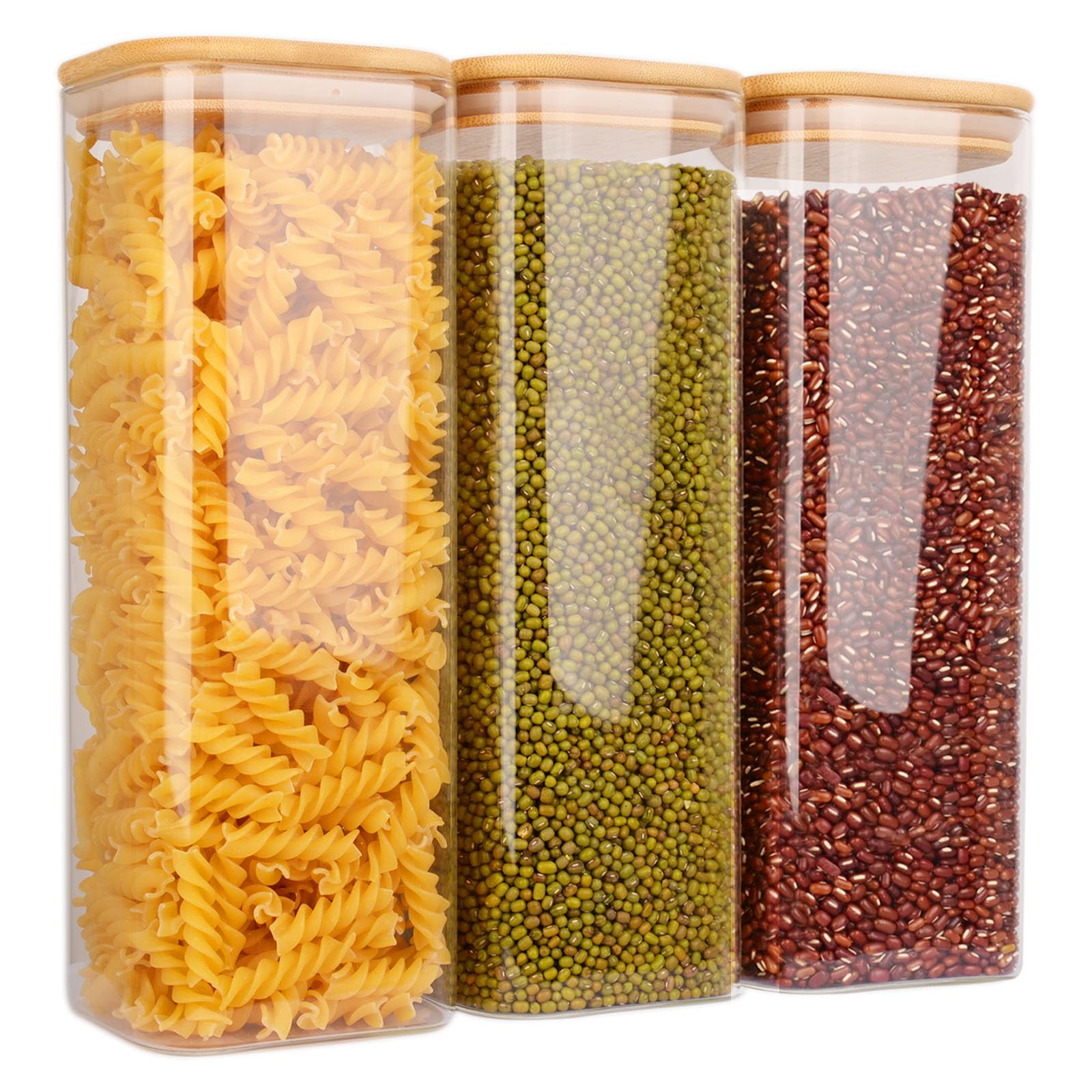 FINEW Set de 3 tarros de almacenamiento de vidrio con tapa de 2100 ml, tarros de almacenamiento cuadrados, grandes recipientes herméticos de vidrio, tarros de especias para cocina de espaguetis