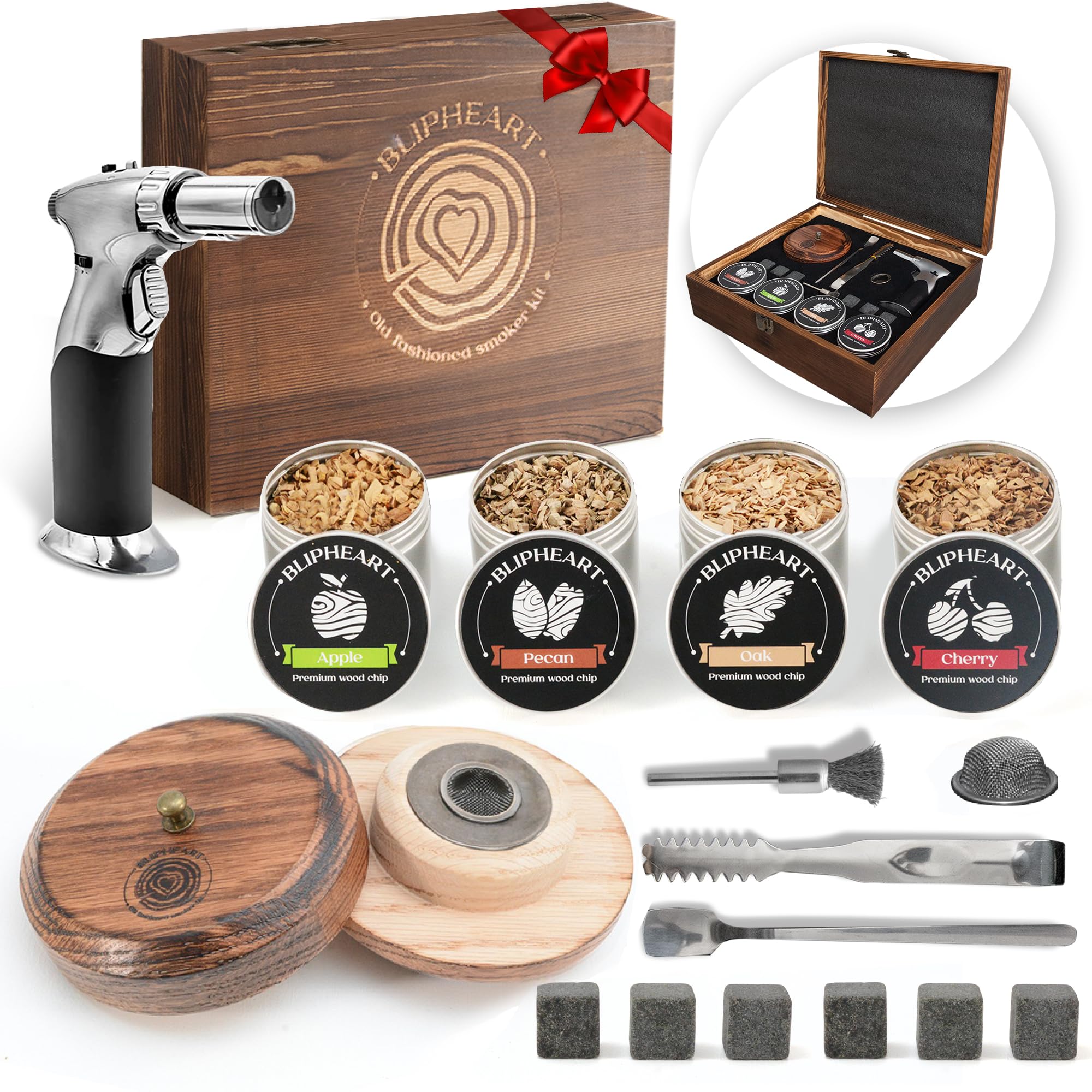 Cocktail Smoker Kit with Torch - 19-Piece Whiskey Smoking Set, 4 Extra Large Wood Chip Flavors, Oak Smoker & Granite Stones for Men
