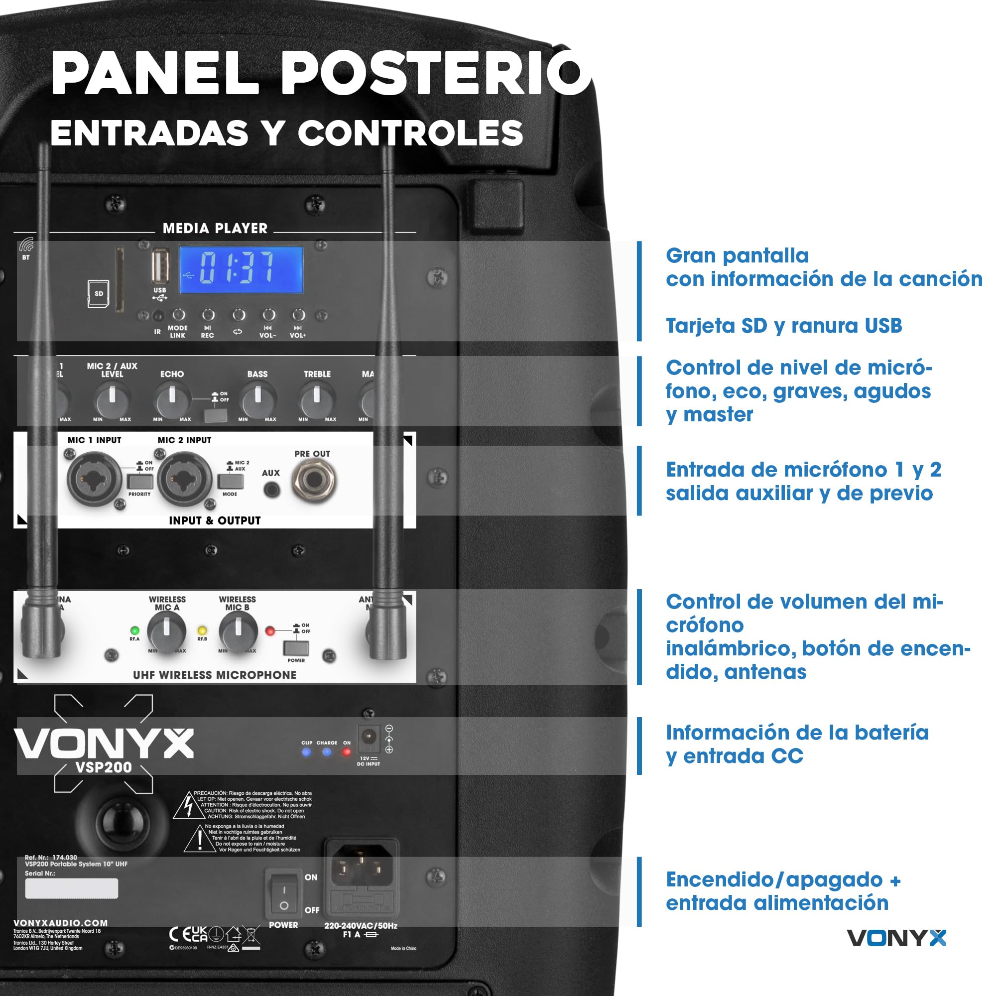 Vonyx VSP200 Altavoz Autoamplificado 200W con Batería, Bluetooth, Radio FM, USB/SD, Reproductor MP3 y 2 Micrófonos Inalámbricos – Sonido Portátil Recargable Ideal para Eventos, Fiestas o Exterior