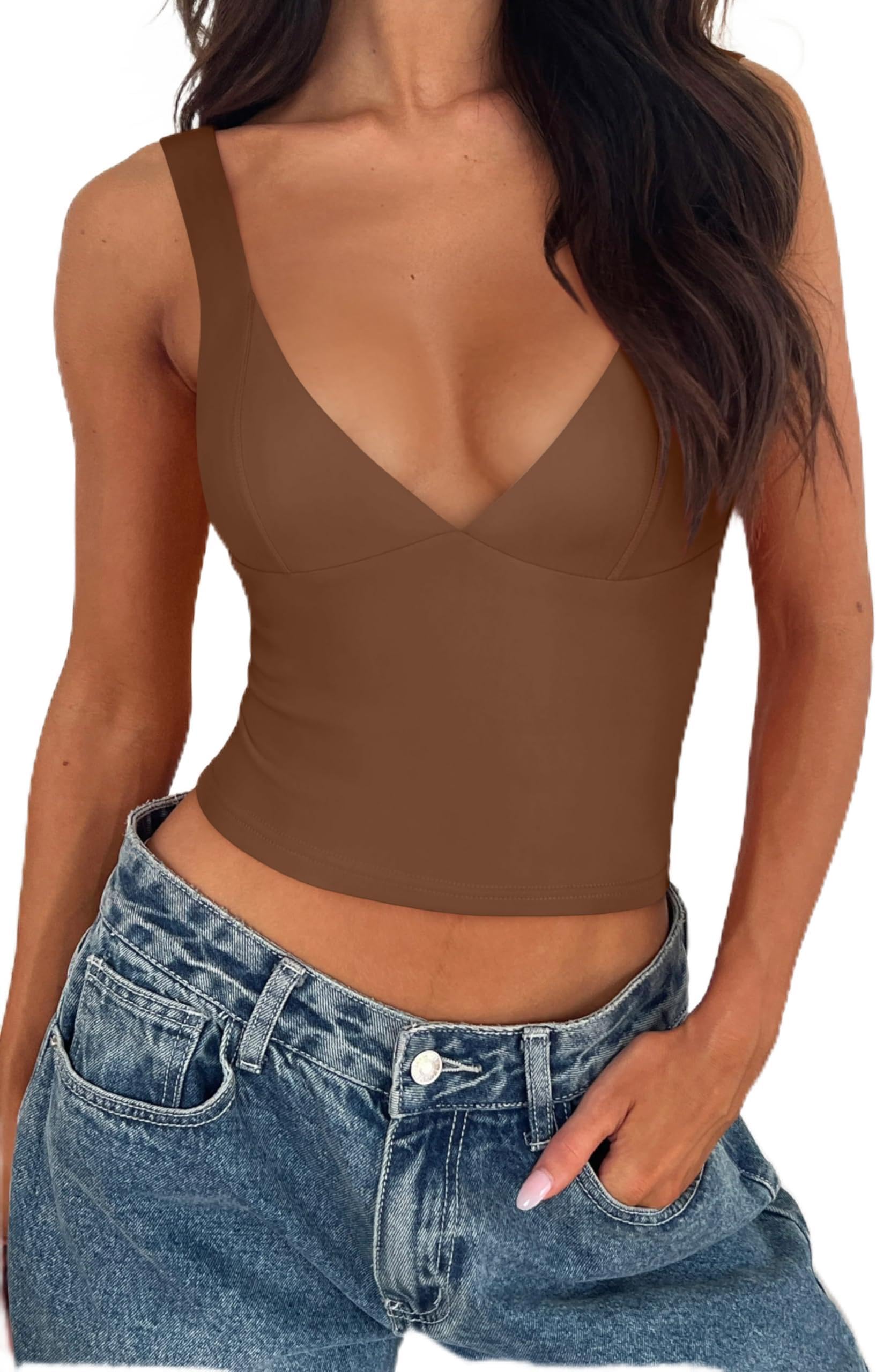 REORIA Women's Summer Sexy Casual Deep V Neck Sleeveless Slim Fit Cropped Corset Cami Fashion Trendy Y2k Going Out Crop Tank Tops Coffee Small