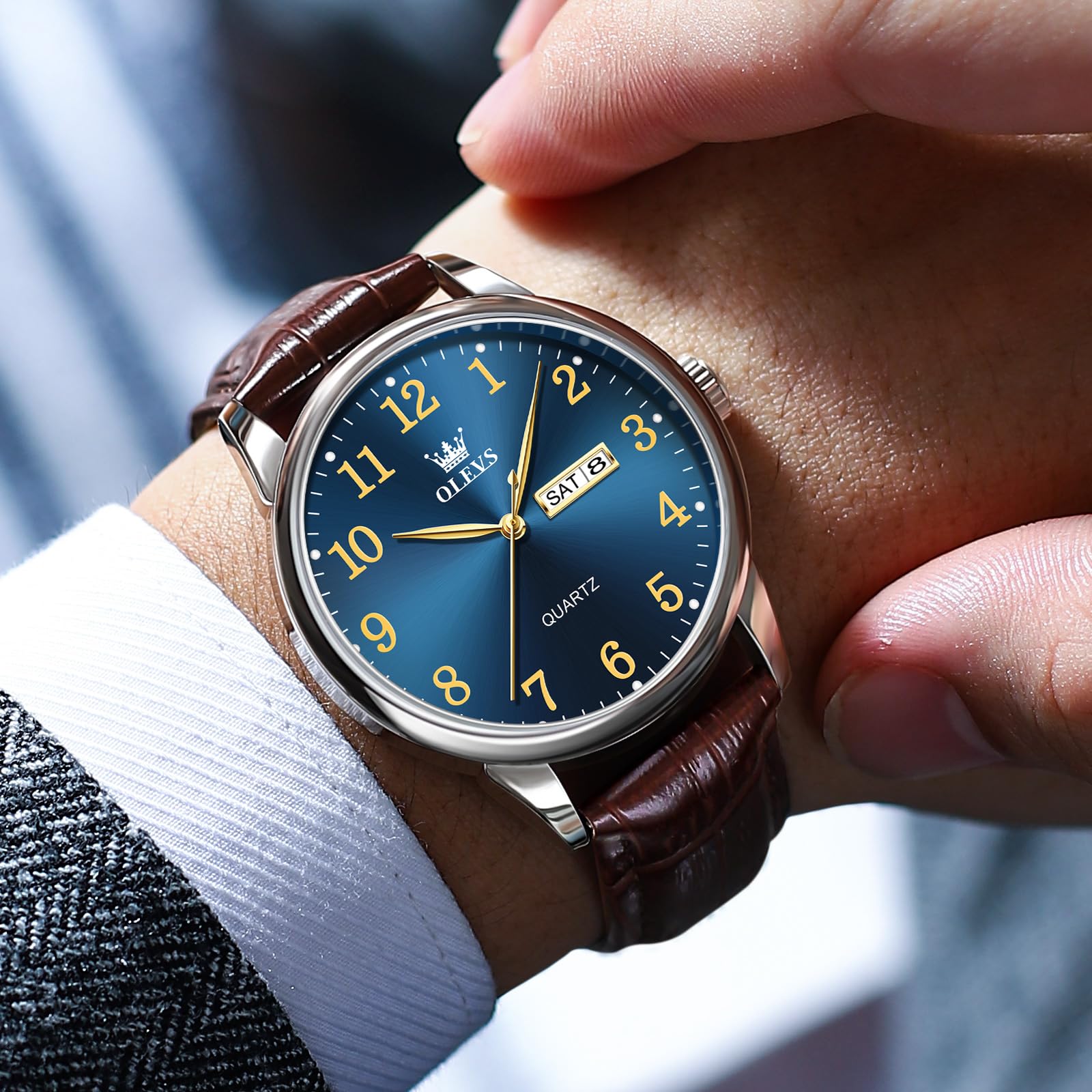 OLEVS Watch Men, Mens Watches with Leather Band Brown Mens Leather Watch Classic Large Face Waterproof Dress Analog Luxury Day Date Easy Read Men's Wrist Watches Arabic Numbers Relojes para Hombres