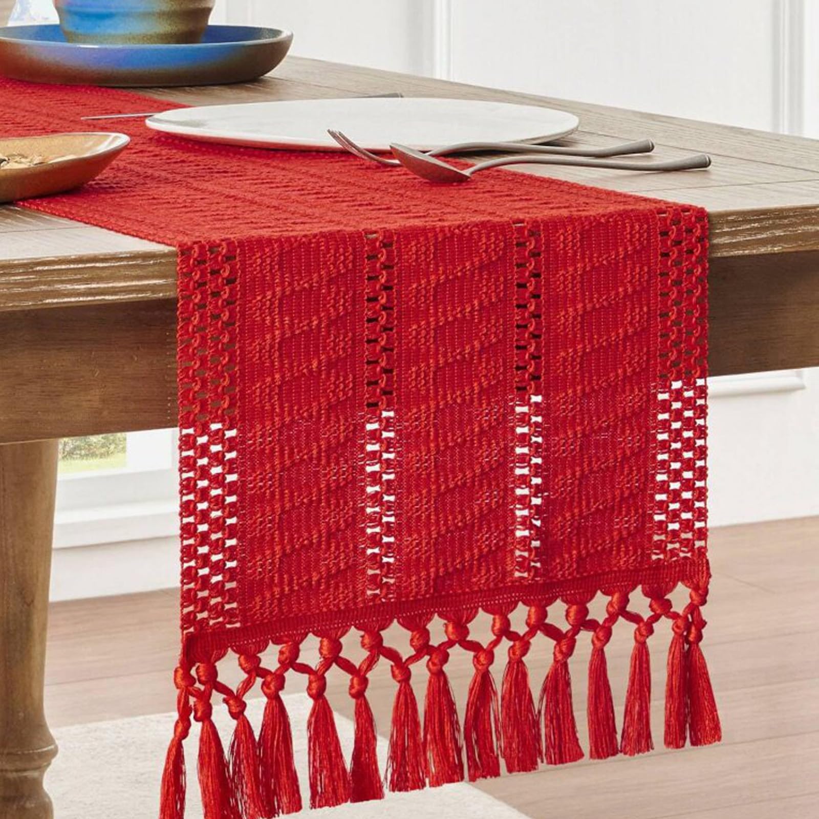 Handmade Knotted Tassel Cotton Linen Table Runner, Hollow Woven Farmhouse Decorative Long Table Runner, for Dining Table, TV Stand, Coffee Table(Red,140cm/55.1in)