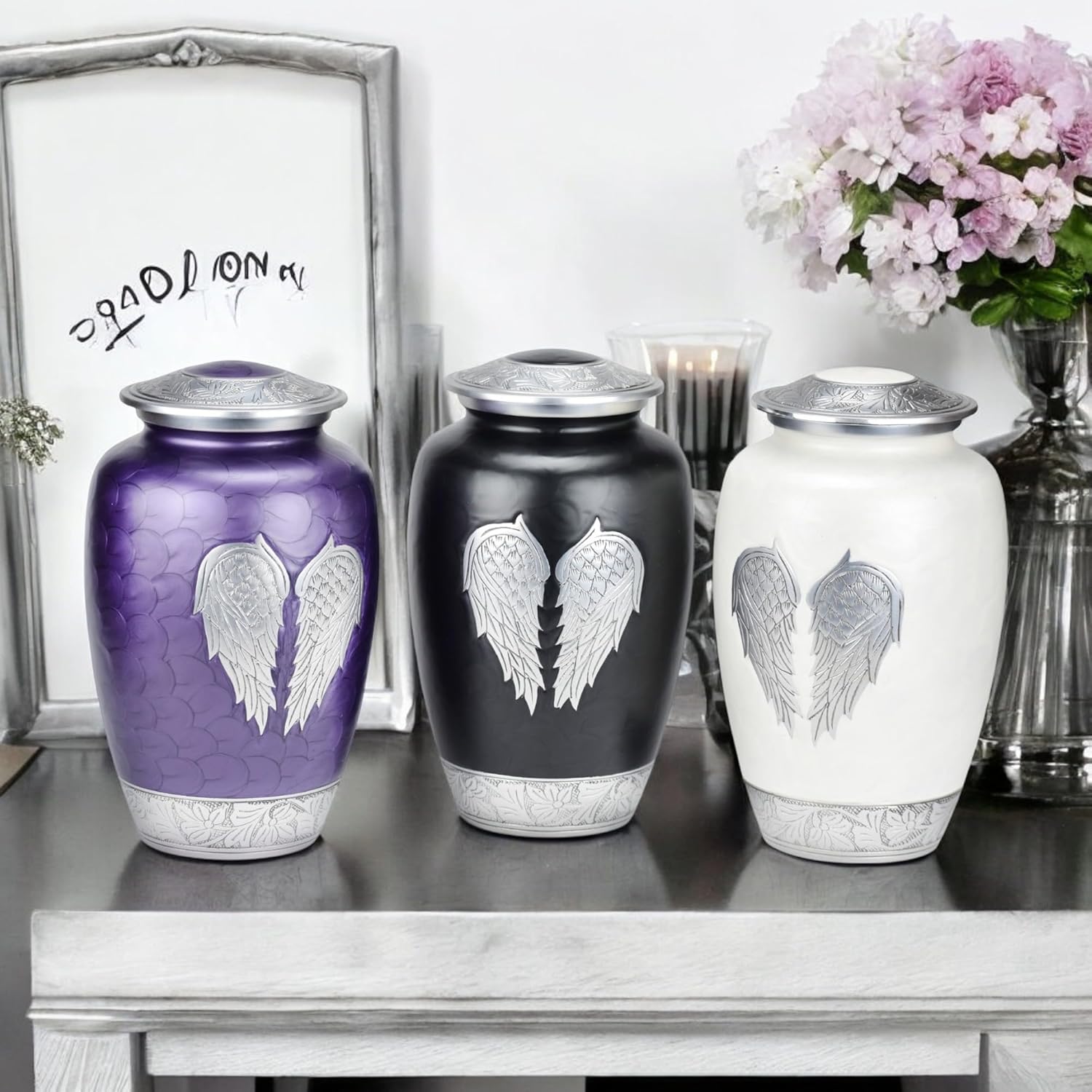 Angel Wings Cremation Urn for Human Ashes – Large Memorial Keepsake with Velvet Bag – Elegant Tribute for Adults, Male & Female – Burial, Funeral & Decorative Urn (Black)