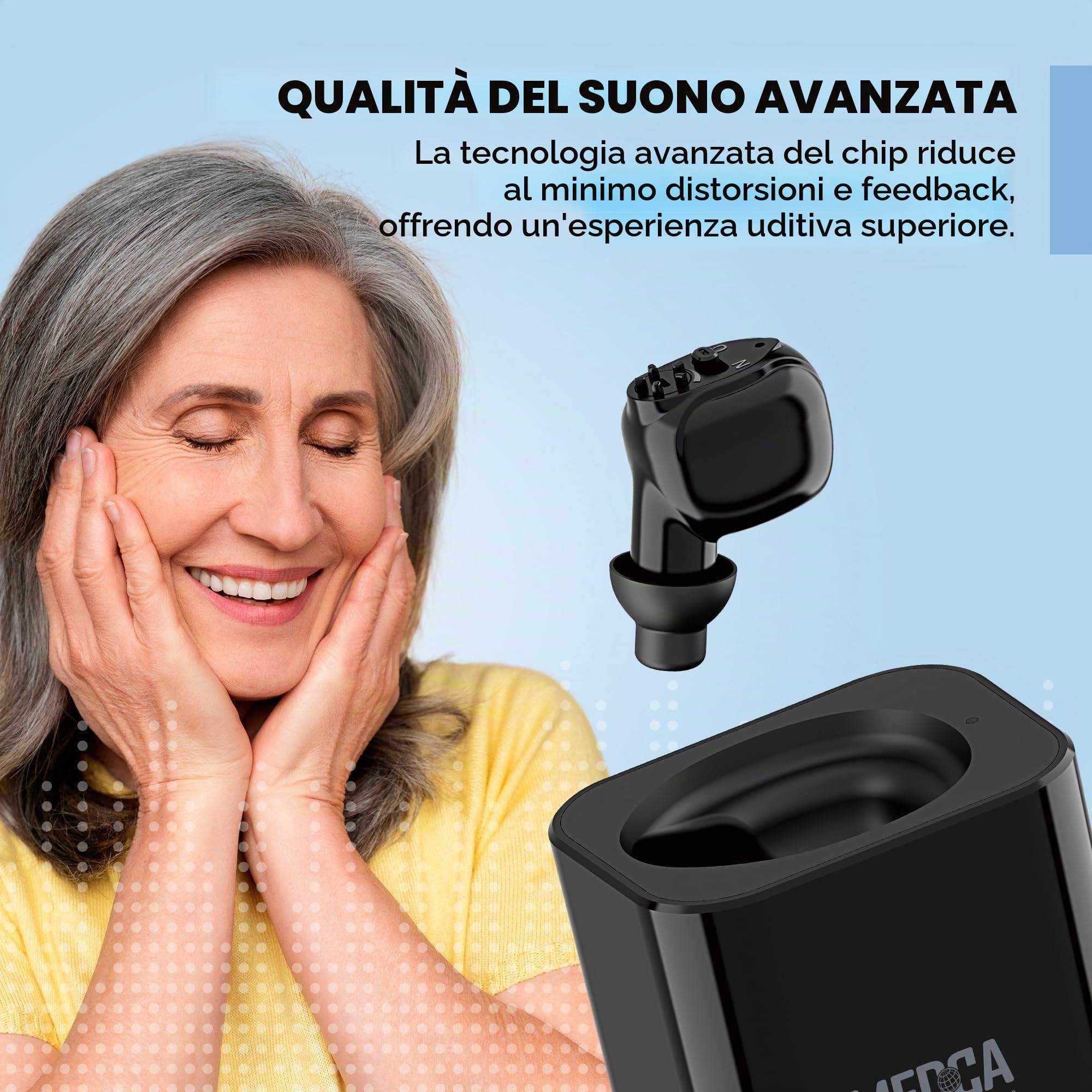 Apparecchio acustico digitale ricaricabile - Amplificatore acustico HD Sound per adulti e anziani con base di ricarica, riduzione intelligente del rumore - Unità di assistenza acustica singola per ore
