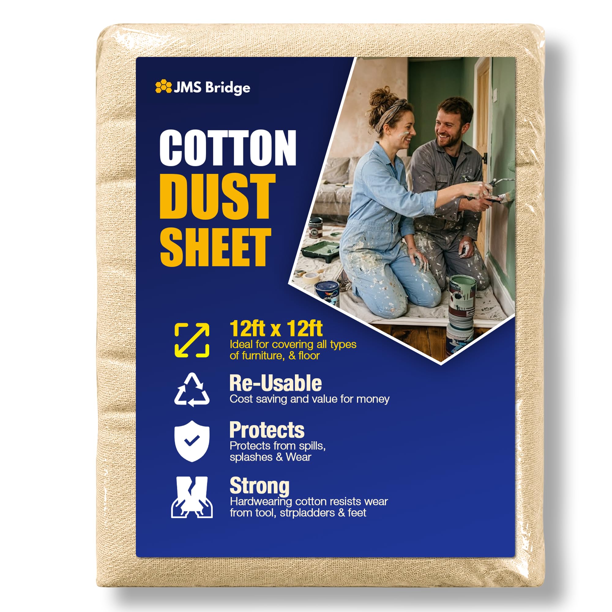 Large Cotton Dust Sheets for Painting & Decorating | Fabric Cover Sheets for Furniture | (Cotton Twill, 12ft x 12ft - 3.50m x 3.50m) (1xCT1212) — image 1