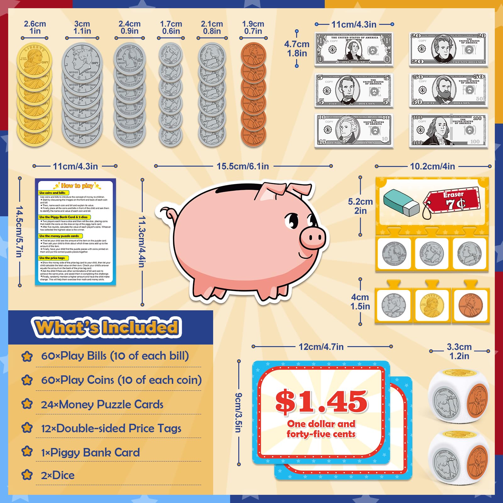 Dinero de juego de simulación para niños para aprender, manipuladores de matemáticas para niños pequeños, juegos de matemáticas para enseñar, contar, juegos de cartas educativas, facturas y 6