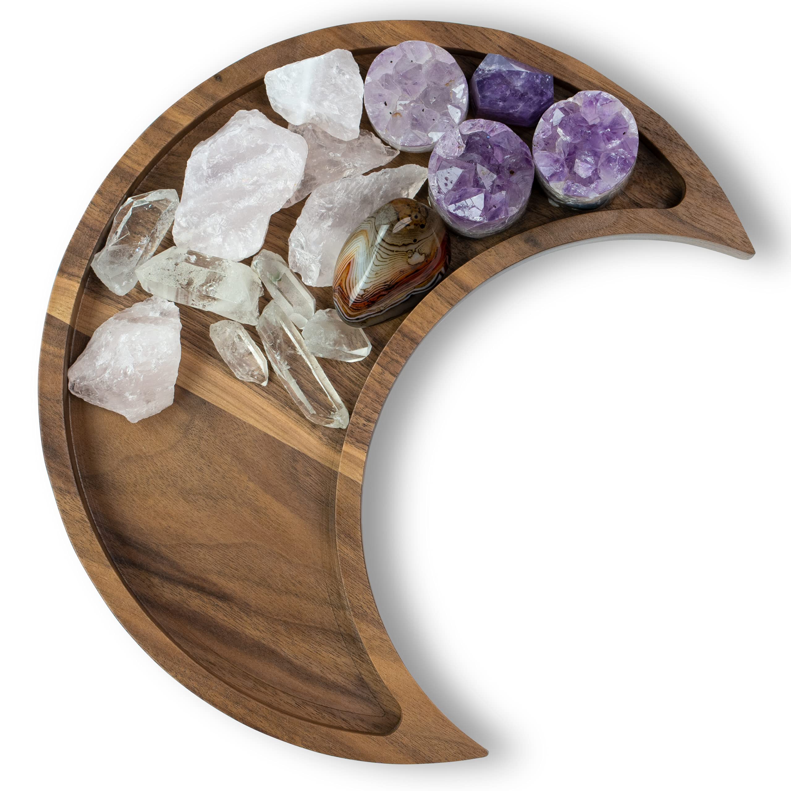 Walnut Moon Crystal Display Tray - Gothic Wooden Altar Tray 9.5" x 4.5" for Crystals and Stones Storage - Solid Wood Jewelry Organizer Dish -
