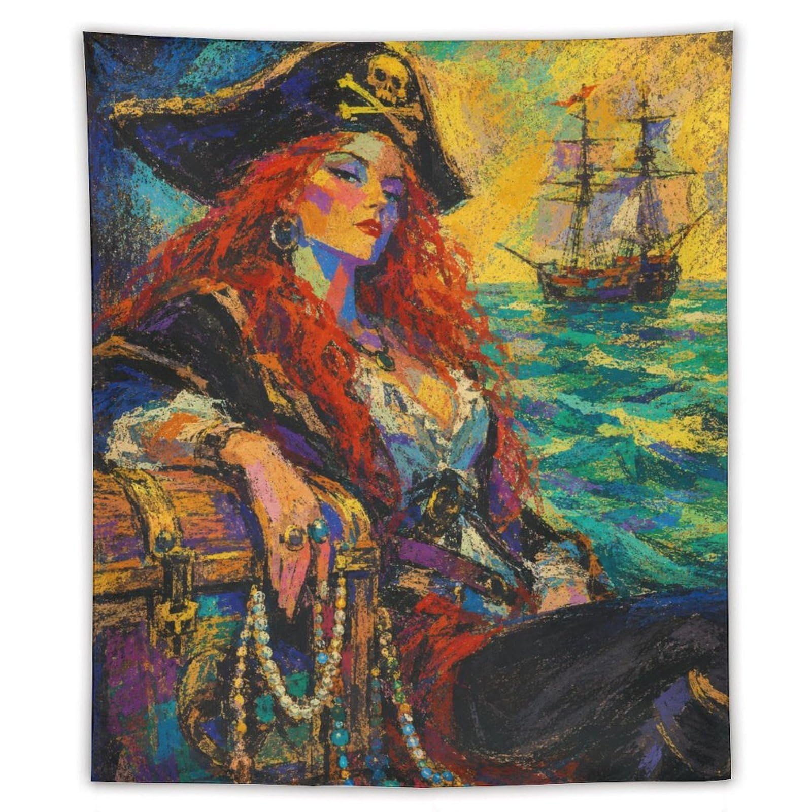 H3B8U2Y5 Pirate Woman by Ship Wall Tapestry, Oil Painting, Ocean Sunset