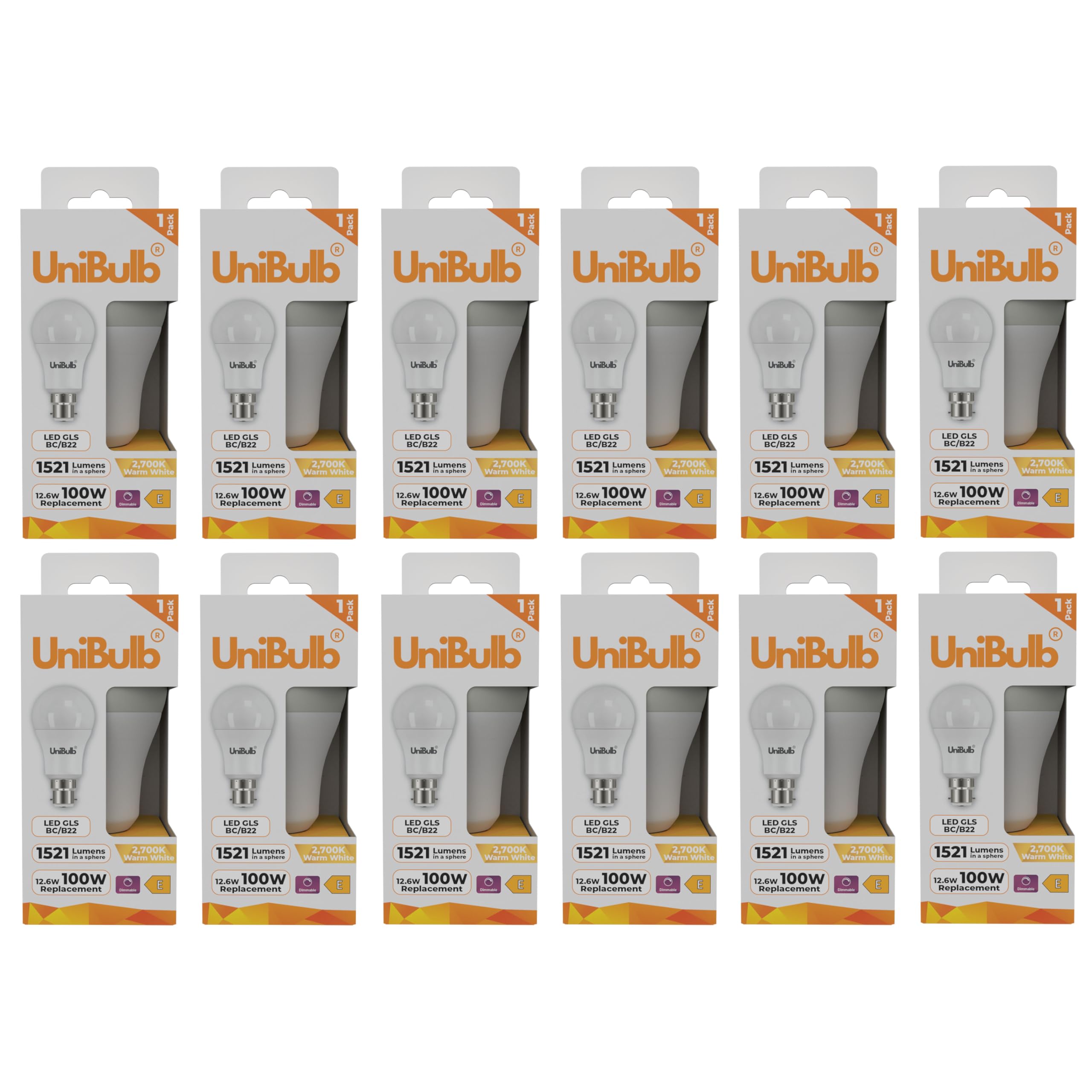 Unibulb B22 GLS Bayonet Cap (BC) 12.6W Energy Efficient LED Light Bulb, 1521 Lumens, 2700K Warm White, 100W Equivalent, 25,000hr Life, Dimmable (12)