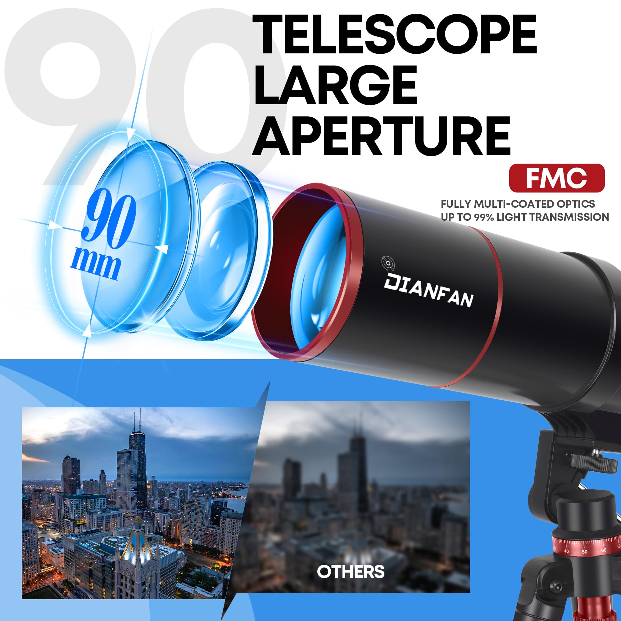 Dianfan Telescopio 90/550 Astronomico Professionale per Adulti, Telescopio Rifrattore Portatile per Principianti con Treppiede, Adattatore Smartphone, Borsa e Sgabello Pieghevole