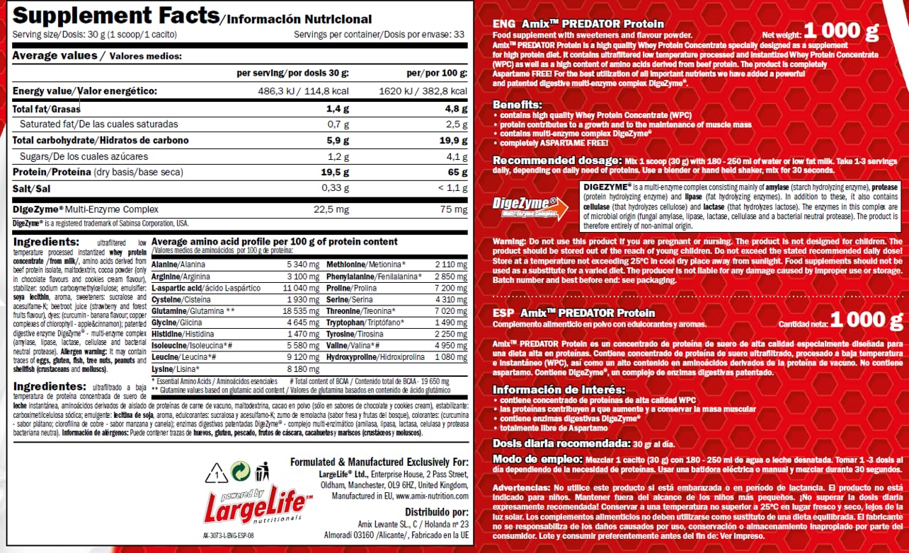 AMIX - Proteínas para Aumentar Masa Muscular - Predator - 1 Kg - Ayuda al Crecimiento Muscular - Libre de Aspartamo - Proteína de Suero de Calidad - Ideal para Batidos de Proteínas - Sabor Chocolate