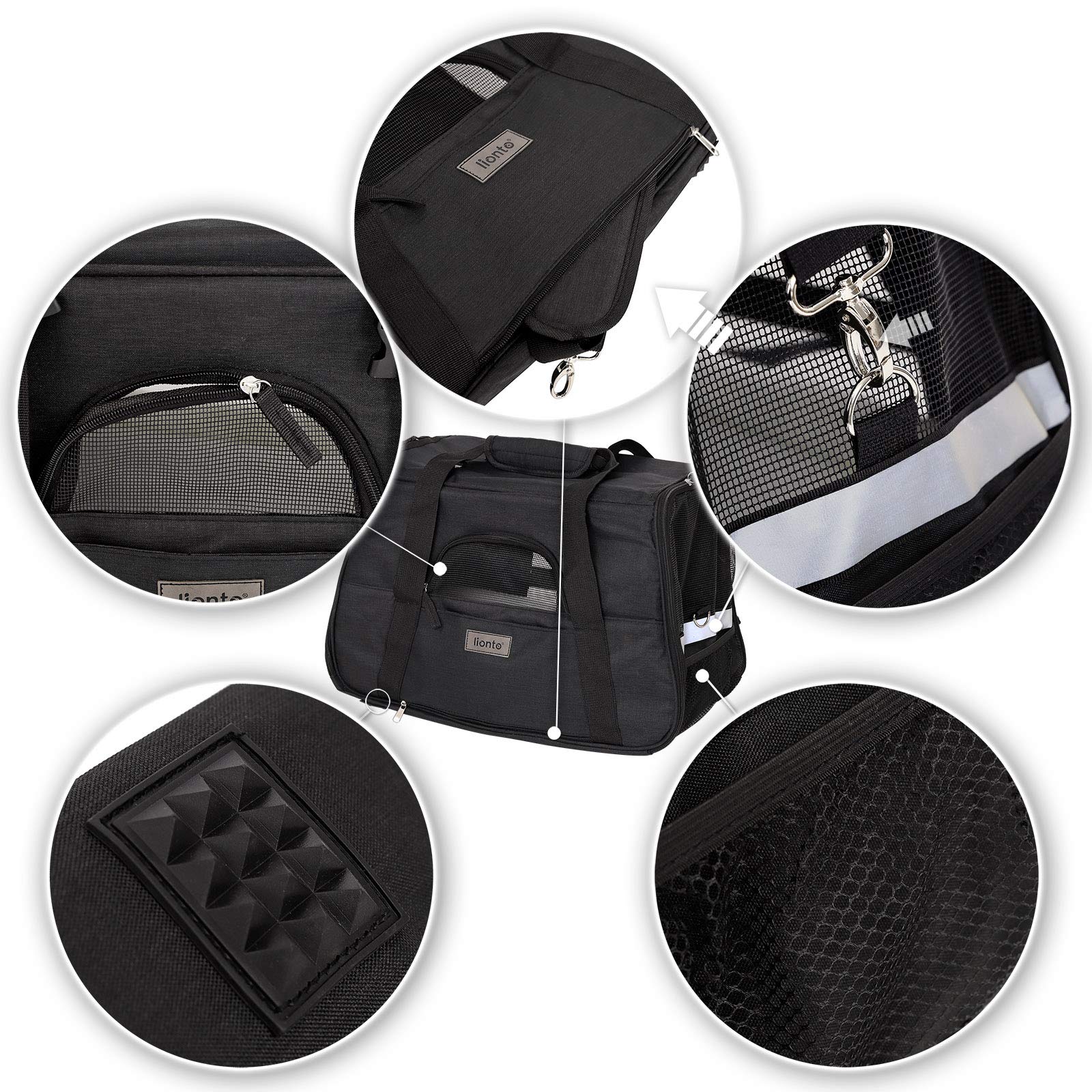 lionto Caisse de Transport Pliable pour Chien avec poignées et bandoulière, 48,5x27x31,5 cm, en Tissu Oxford Robuste et Maille, Caisse pour Chat avec Coussin Doux, idéale pour l’Avion, Noire