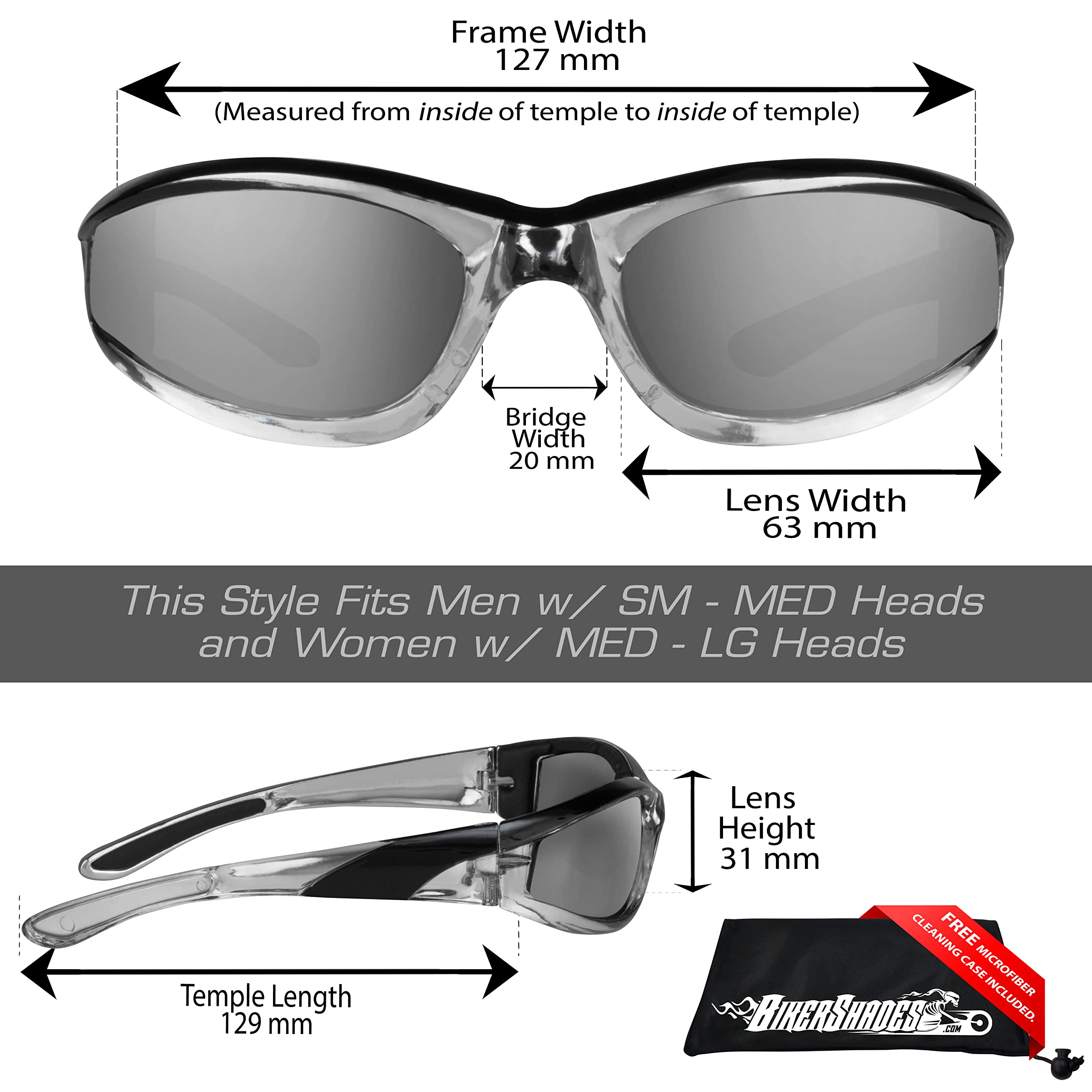 Bikershades Motorcycle Riding Sunglass Safety Foam Padded Chrome Men Women Anti-Glare Mirror Smoke