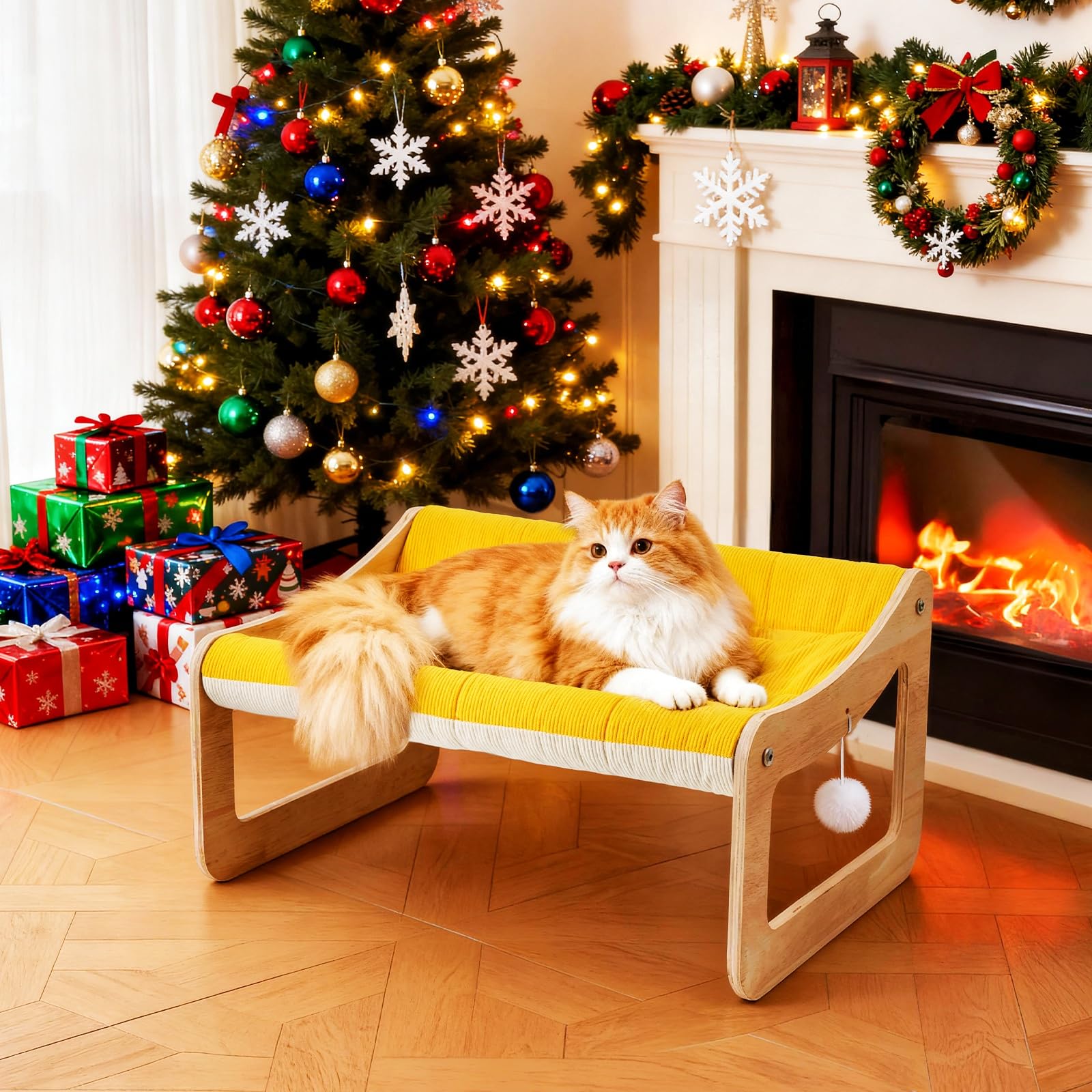 BSWAY Letto per gatti rialzato, in legno, divano per gatti giallo sole, 53 x 40 cm, alla moda, con coprimaterasso rimovibile, portata 15 kg