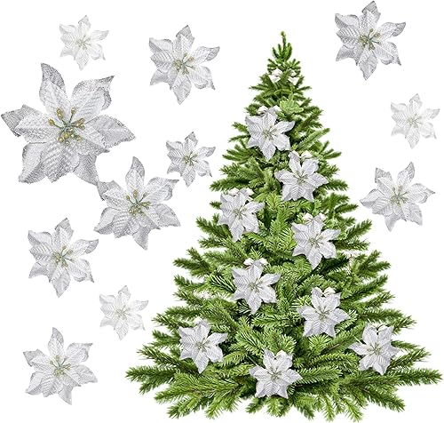 Miniatura 8 de Flores de purpurina de adorno para el árbol de Navidad, paquete de 12