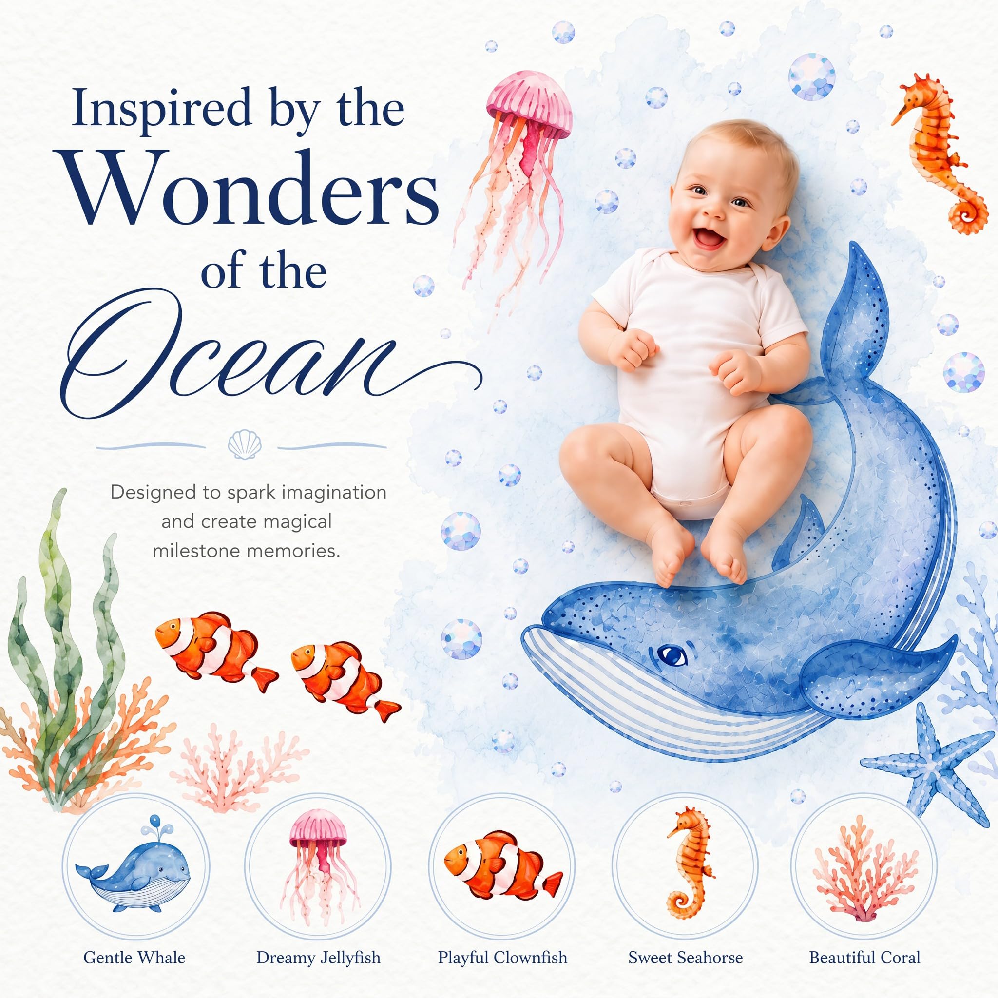 Manta de hito para bebé, diseño original, manta mensual de hitos para niños y niñas, manta de accesorios de fotografía para bebé, 60 x 40 pies, mundo oceánico