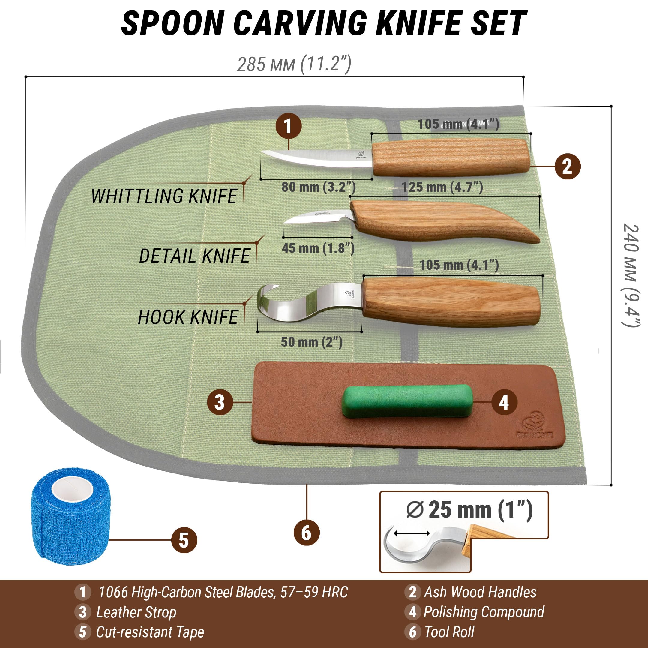 BeaverCraft S13L Set di utensili per intaglio del legno per intaglio di cucchiai Kit per intaglio del legno con 3 coltelli per principianti Uncino Sloyd Coltelli per intagliare cucchiai per mancini