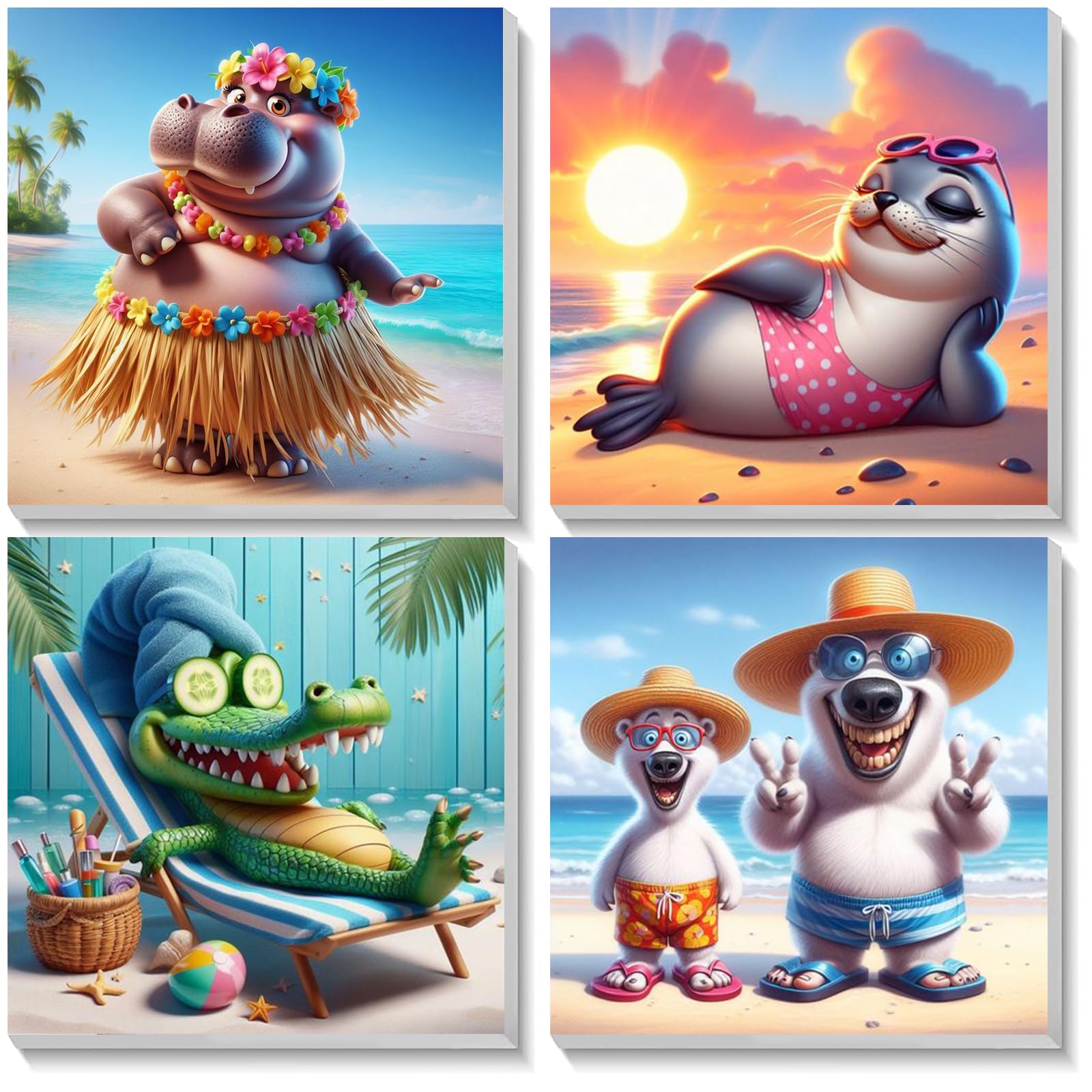 EOBROMD 4 Pack Cute Animal Paint by Numbers for Adults Children with Wooden Frame, Seaside DIY Acrylic Painting by Numbers, Beach Kids Paint by Numbers Kits for Home Wall Decor 8x8 inch